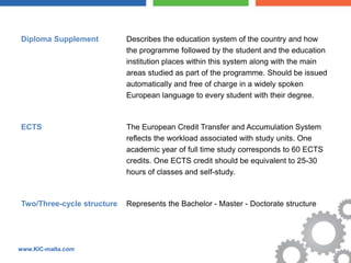 Diploma Supplement          Describes the education system of the country and how
                            the programme followed by the student and the education
                            institution places within this system along with the main
                            areas studied as part of the programme. Should be issued
                            automatically and free of charge in a widely spoken
                            European language to every student with their degree.



ECTS                        The European Credit Transfer and Accumulation System
                            reflects the workload associated with study units. One
                            academic year of full time study corresponds to 60 ECTS
                            credits. One ECTS credit should be equivalent to 25-30
                            hours of classes and self-study.



Two/Three-cycle structure   Represents the Bachelor - Master - Doctorate structure




www.KIC-malta.com
 