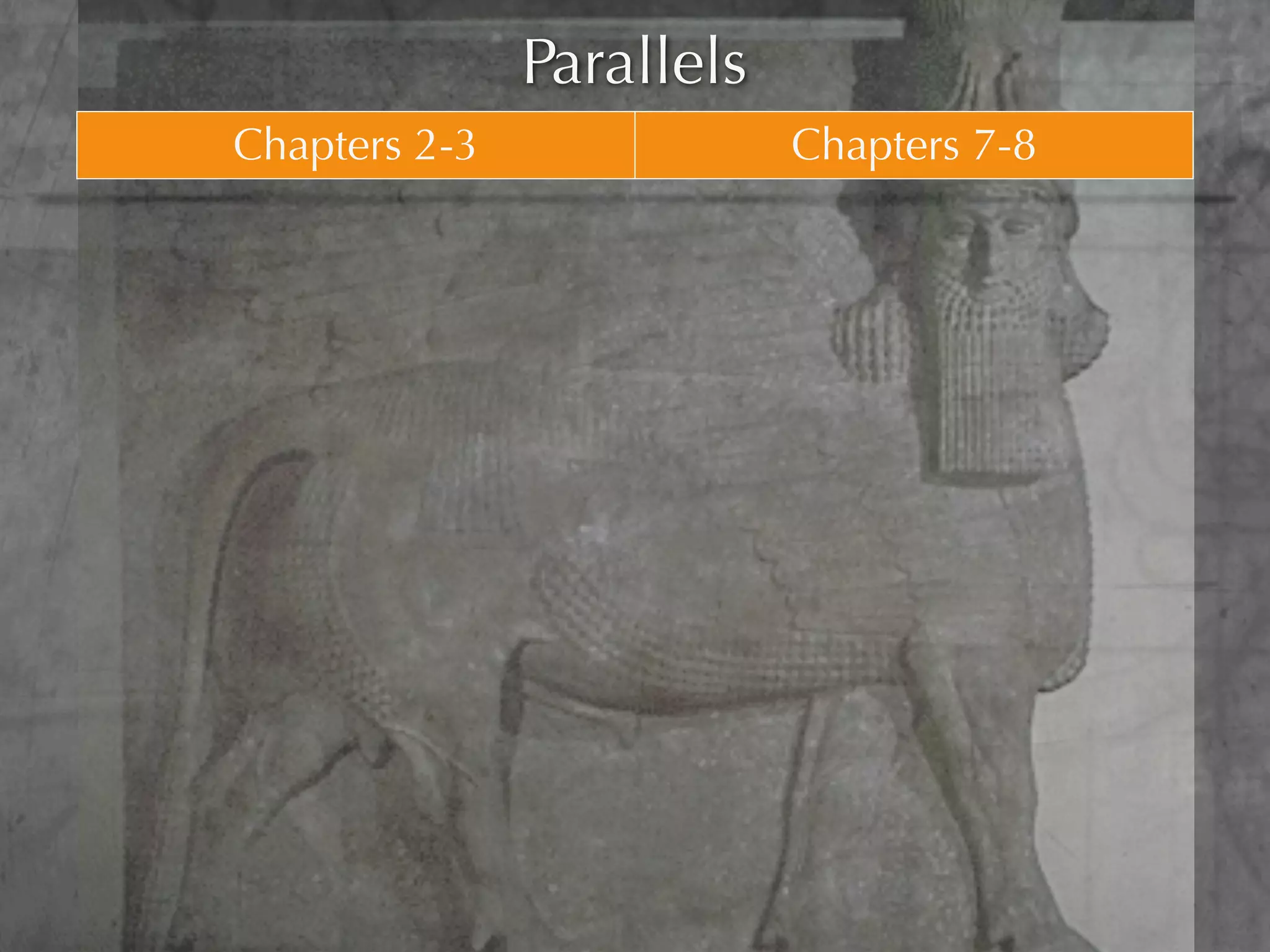 Parallels
             Chapters 2-3                                       Chapters 7-8
Survey of the whole course of Gentile imperial     Survey of the whole course of Gentile imperial
                   power                                              power

        4 empires in the form of a man                     4 empires in the form of beasts

 The fatal weakness: an incoherent mixture of       The hideous strength: a frightening mixture of
            iron and clay in the feet              animal destructiveness with human intelligence

  Statue destroyed by divine stone. Universal          The ﬁnal beast destroyed and universal
          Messianic kingdom set up                       dominion given to the Son of Man

Nebuchadnezzar thinks that “no god can deliver       The little horn: “none can deliver out of his
         (the Jews) out of his hand”                                     hand”

                                                    He stops the Jews’ worship of their God, and
    He commands them to worship his god
                                                                    deﬁes God


  God’s ability to deliver is thereby vindicated   God’s sanctuary and truth are ﬁnally vindicated
 