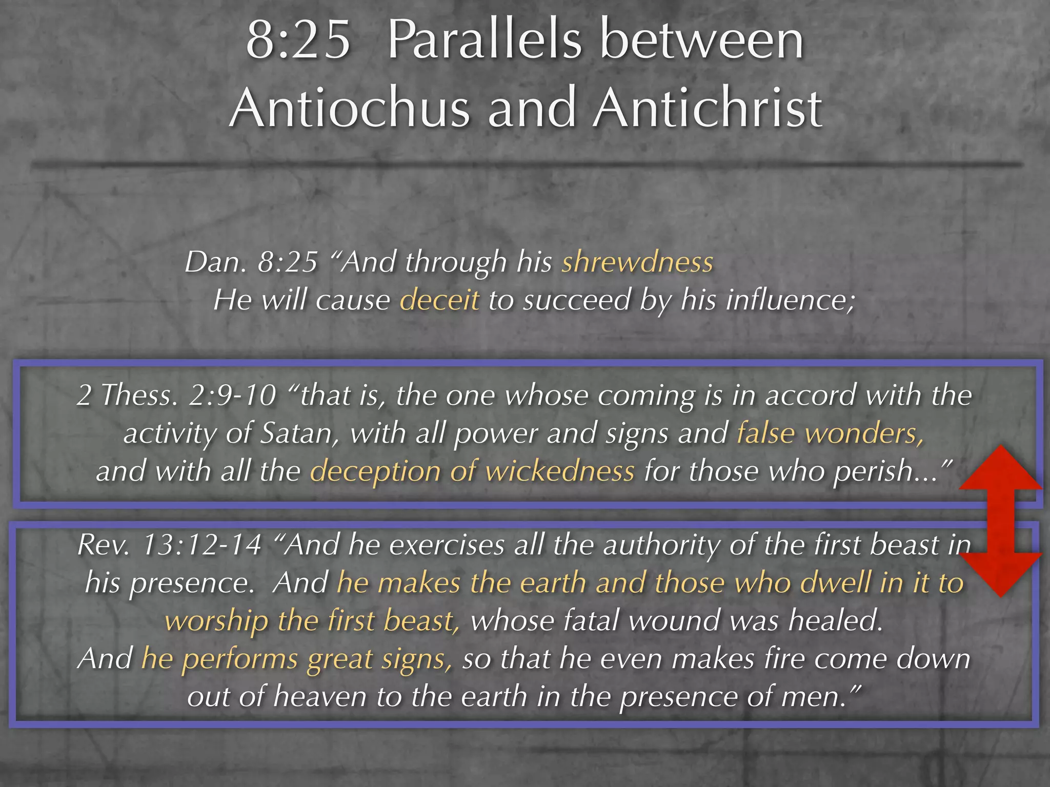 8:25 Parallels between
           Antiochus and Antichrist

        Dan. 8:25 “And through his shrewdness
         He will cause deceit to succeed by his inﬂuence;


2 Thess. 2:9-10 “that is, the one whose coming is in accord with the
   activity of Satan, with all power and signs and false wonders,
 and with all the deception of wickedness for those who perish...”

Rev. 13:12-14 “And he exercises all the authority of the ﬁrst beast in
his presence. And he makes the earth and those who dwell in it to
      worship the ﬁrst beast, whose fatal wound was healed.
And he performs great signs, so that he even makes ﬁre come down
        out of heaven to the earth in the presence of men.”
 