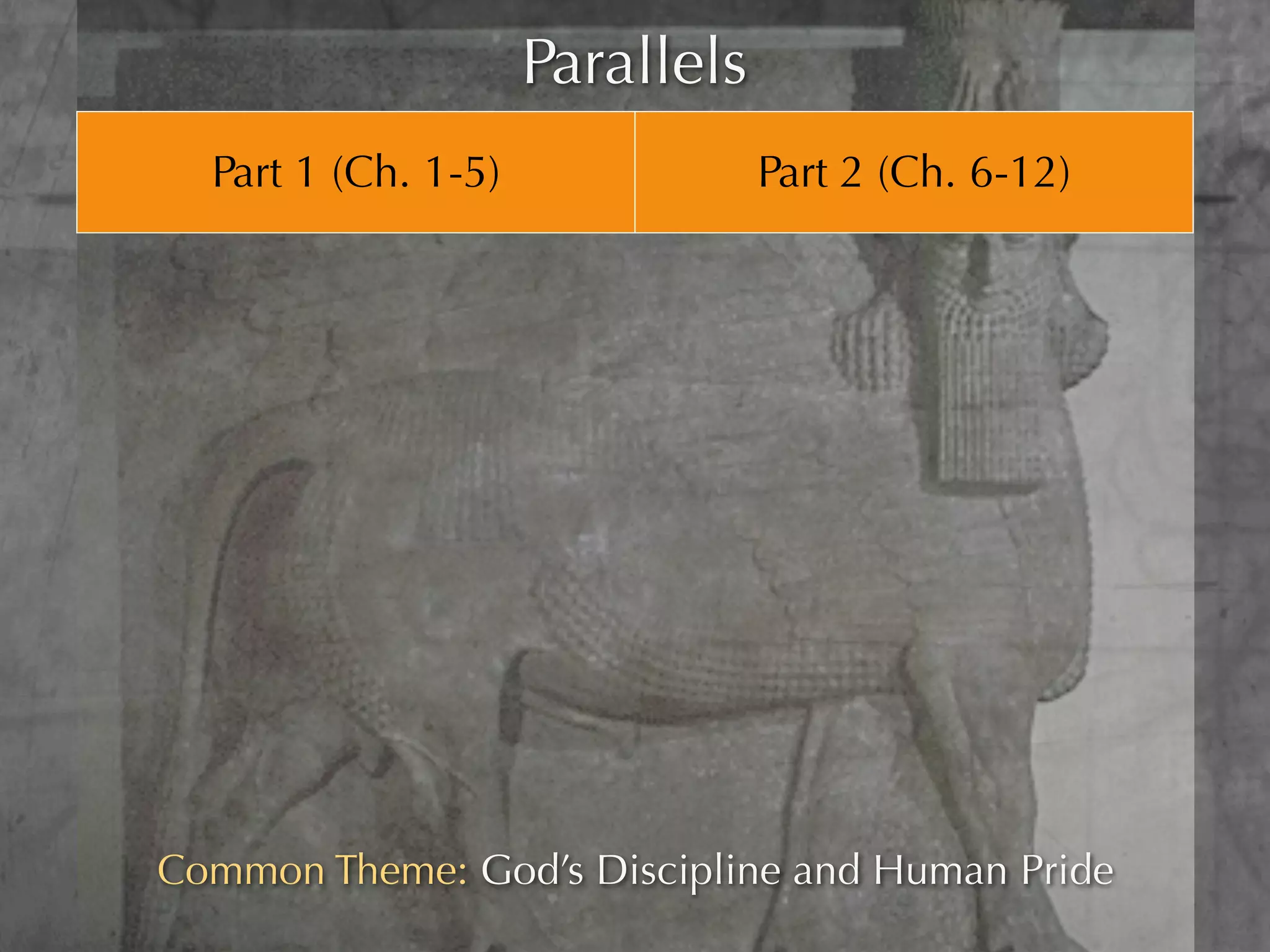 Parallels
      Part 1 (Ch. 1-5)                       Part 2 (Ch. 6-12)

         Chapter 4                              Chapter 9
                                      The desolations of Jerusalem due to
      The glory of Babylon
                                                  Israel’s sins
Nebuchadnezar is warned that he
                                      They were warned by their prophets
      deserves discipline

                                        Their persistence in sin brings on
He persists in pride, is chastised,
                                      further desolations lasting to the end
    which lasts for 7 times
                                                 of 70 X 7 years


       He is then restored                 Jerusalem will be restored

  Common Theme: God’s Discipline and Human Pride
 