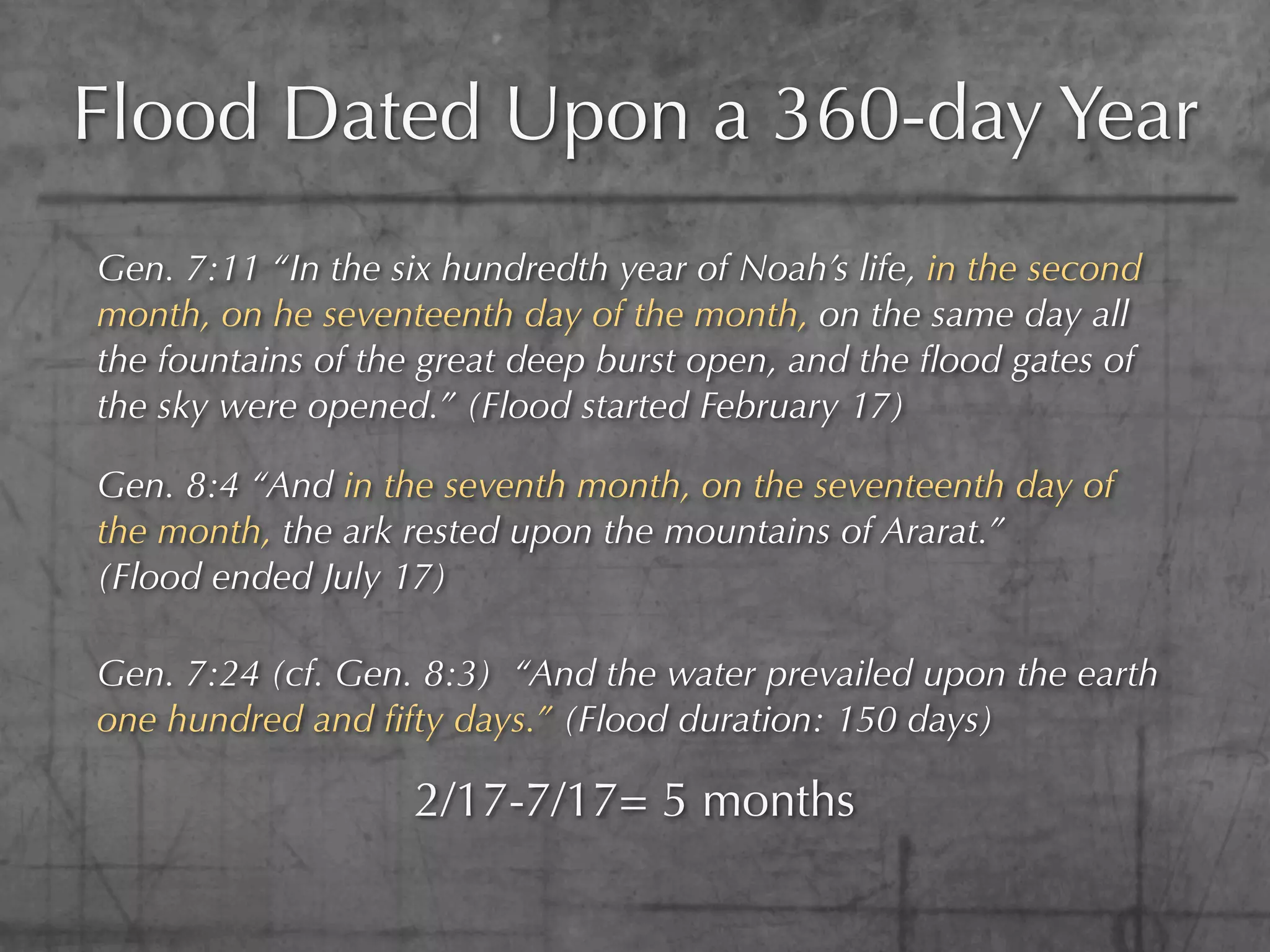 Flood Dated Upon a 360-day Year
Gen. 7:11 “In the six hundredth year of Noah’s life, in the second
month, on he seventeenth day of the month, on the same day all
the fountains of the great deep burst open, and the ﬂood gates of
the sky were opened.” (Flood started February 17)

Gen. 8:4 “And in the seventh month, on the seventeenth day of
the month, the ark rested upon the mountains of Ararat.”
(Flood ended July 17)

Gen. 7:24 (cf. Gen. 8:3) “And the water prevailed upon the earth
one hundred and ﬁfty days.” (Flood duration: 150 days)

                    2/17-7/17= 5 months
 