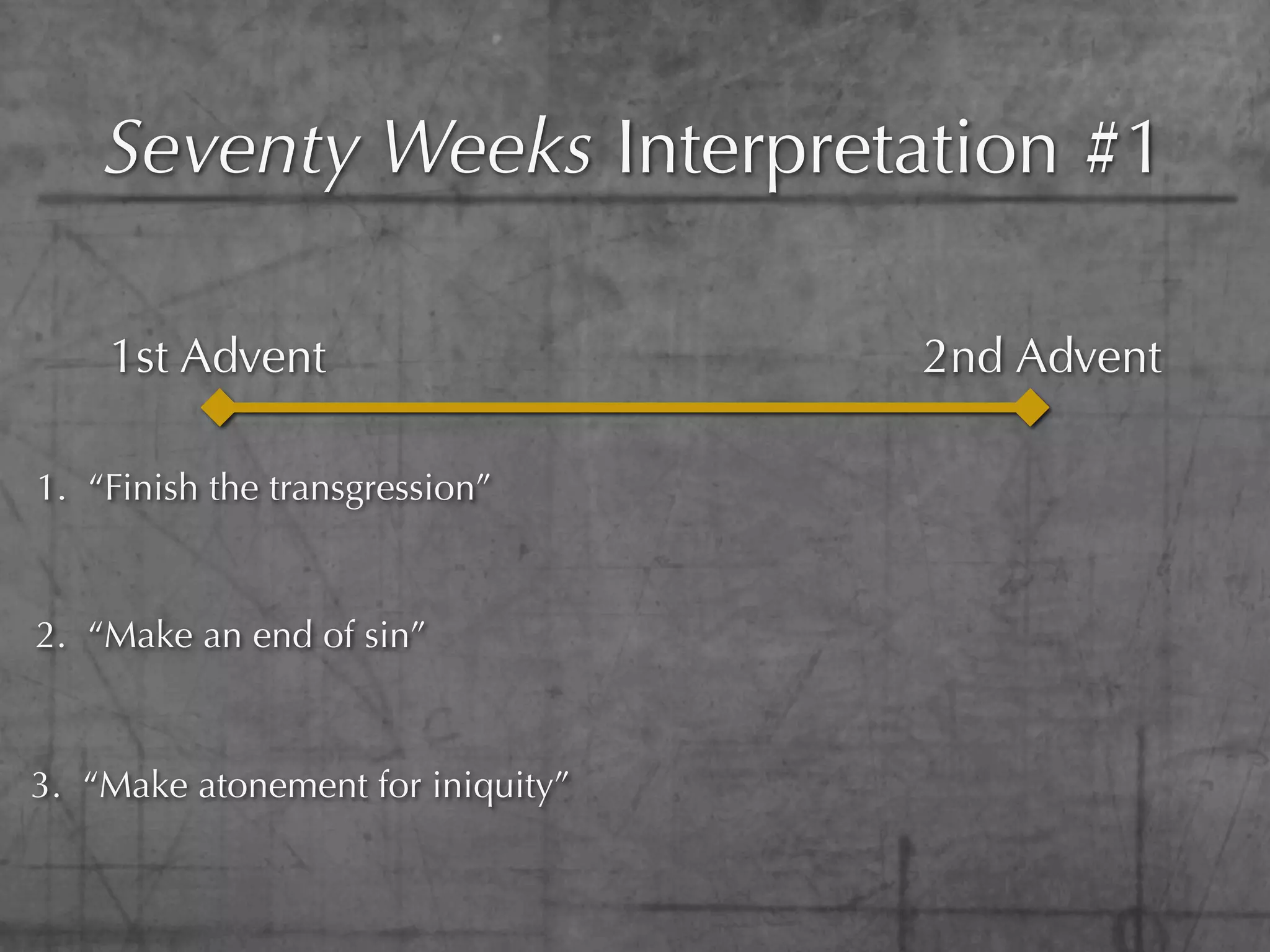 Seventy Weeks Interpretation #1

    1st Advent                     2nd Advent

1. “Finish the transgression”


2. “Make an end of sin”



3. “Make atonement for iniquity”
 
