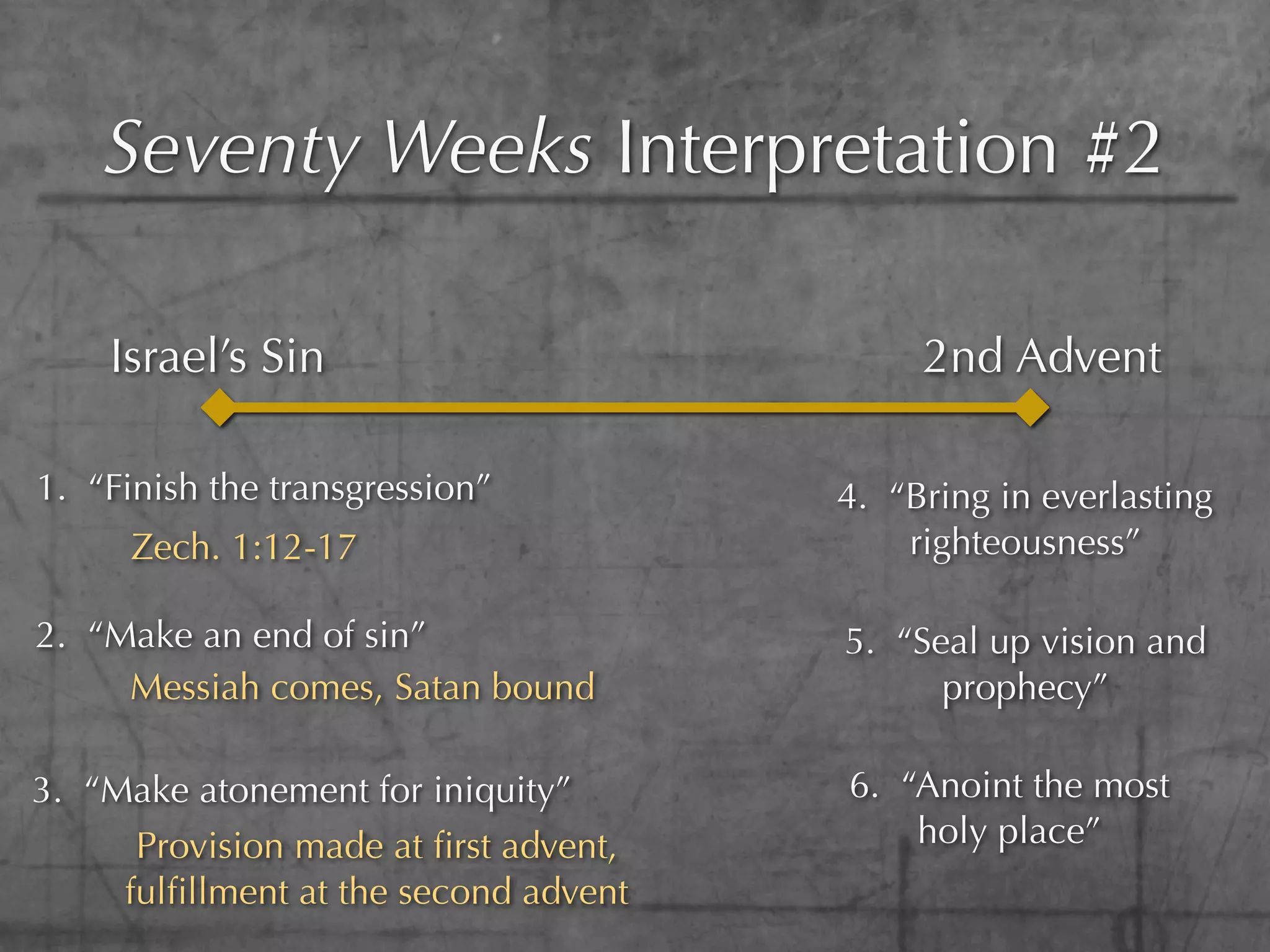 Seventy Weeks Interpretation #2

    Israel’s Sin                            2nd Advent

1. “Finish the transgression”          4. “Bring in everlasting
      Zech. 1:12-17                        righteousness”

2. “Make an end of sin”                5. “Seal up vision and
     Messiah comes, Satan bound              prophecy”

3. “Make atonement for iniquity”       6. “Anoint the most
      Provision made at ﬁrst advent,       holy place”
     fulﬁllment at the second advent
 