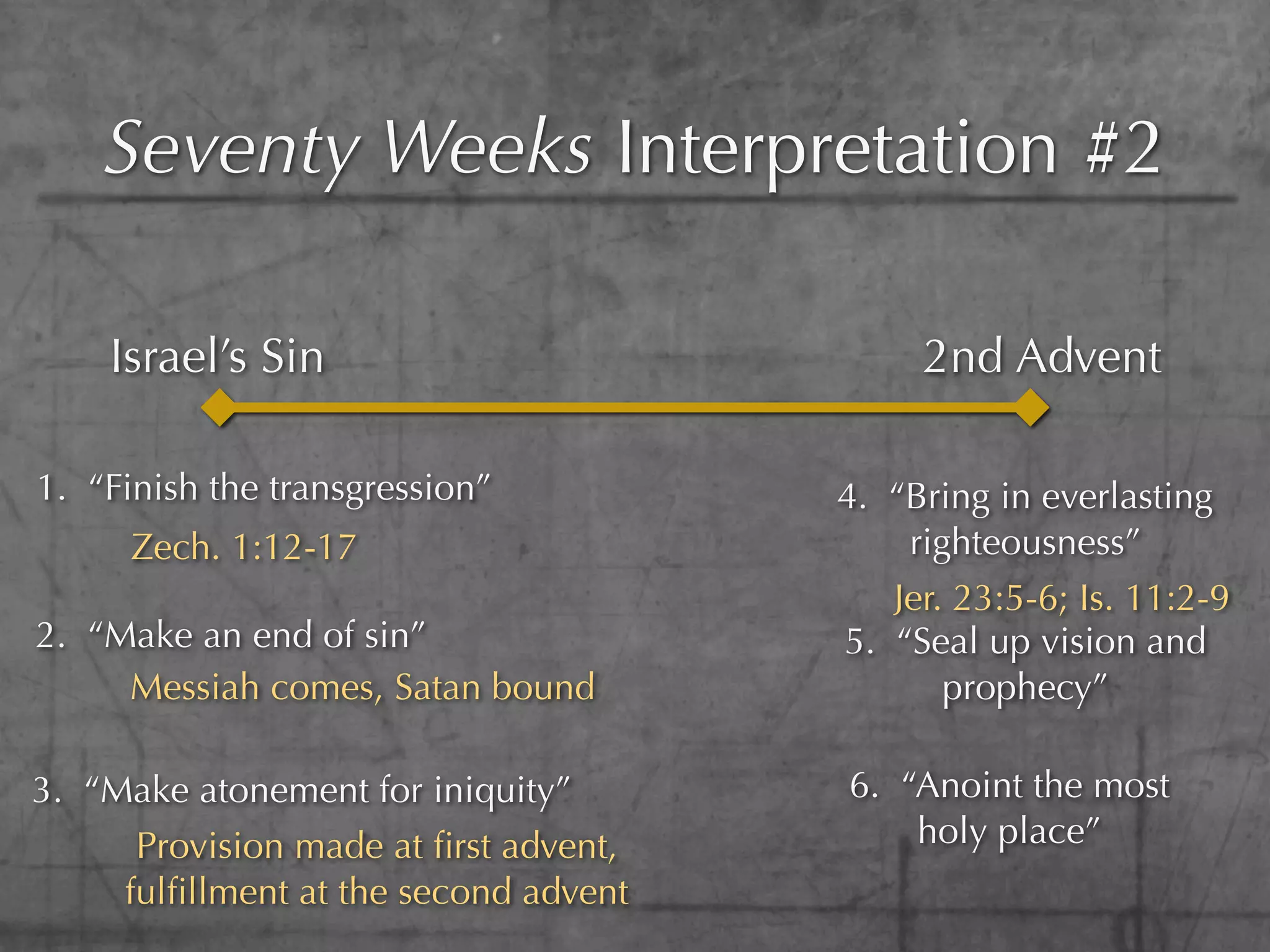 Seventy Weeks Interpretation #2

    Israel’s Sin                            2nd Advent

1. “Finish the transgression”          4. “Bring in everlasting
      Zech. 1:12-17                        righteousness”
                                          Jer. 23:5-6; Is. 11:2-9
2. “Make an end of sin”                5. “Seal up vision and
     Messiah comes, Satan bound               prophecy”

3. “Make atonement for iniquity”       6. “Anoint the most
      Provision made at ﬁrst advent,       holy place”
     fulﬁllment at the second advent
 