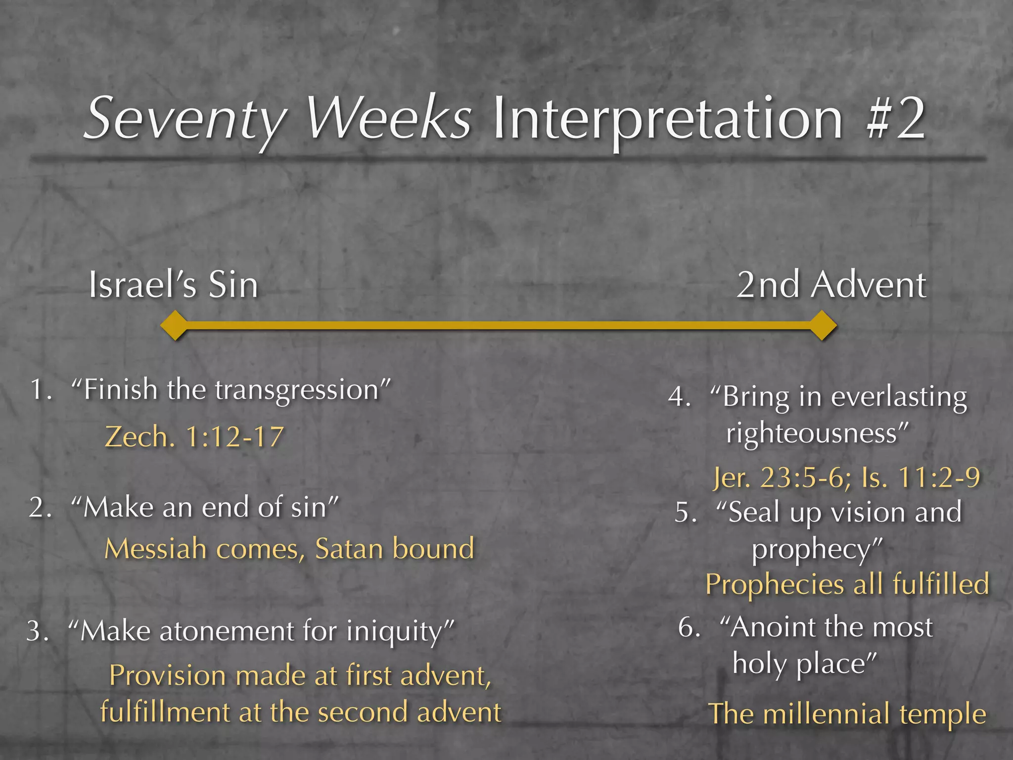 Seventy Weeks Interpretation #2

    Israel’s Sin                            2nd Advent

1. “Finish the transgression”          4. “Bring in everlasting
      Zech. 1:12-17                         righteousness”
                                           Jer. 23:5-6; Is. 11:2-9
2. “Make an end of sin”                5. “Seal up vision and
     Messiah comes, Satan bound                prophecy”
                                          Prophecies all fulﬁlled
3. “Make atonement for iniquity”        6. “Anoint the most
      Provision made at ﬁrst advent,         holy place”
     fulﬁllment at the second advent      The millennial temple
 