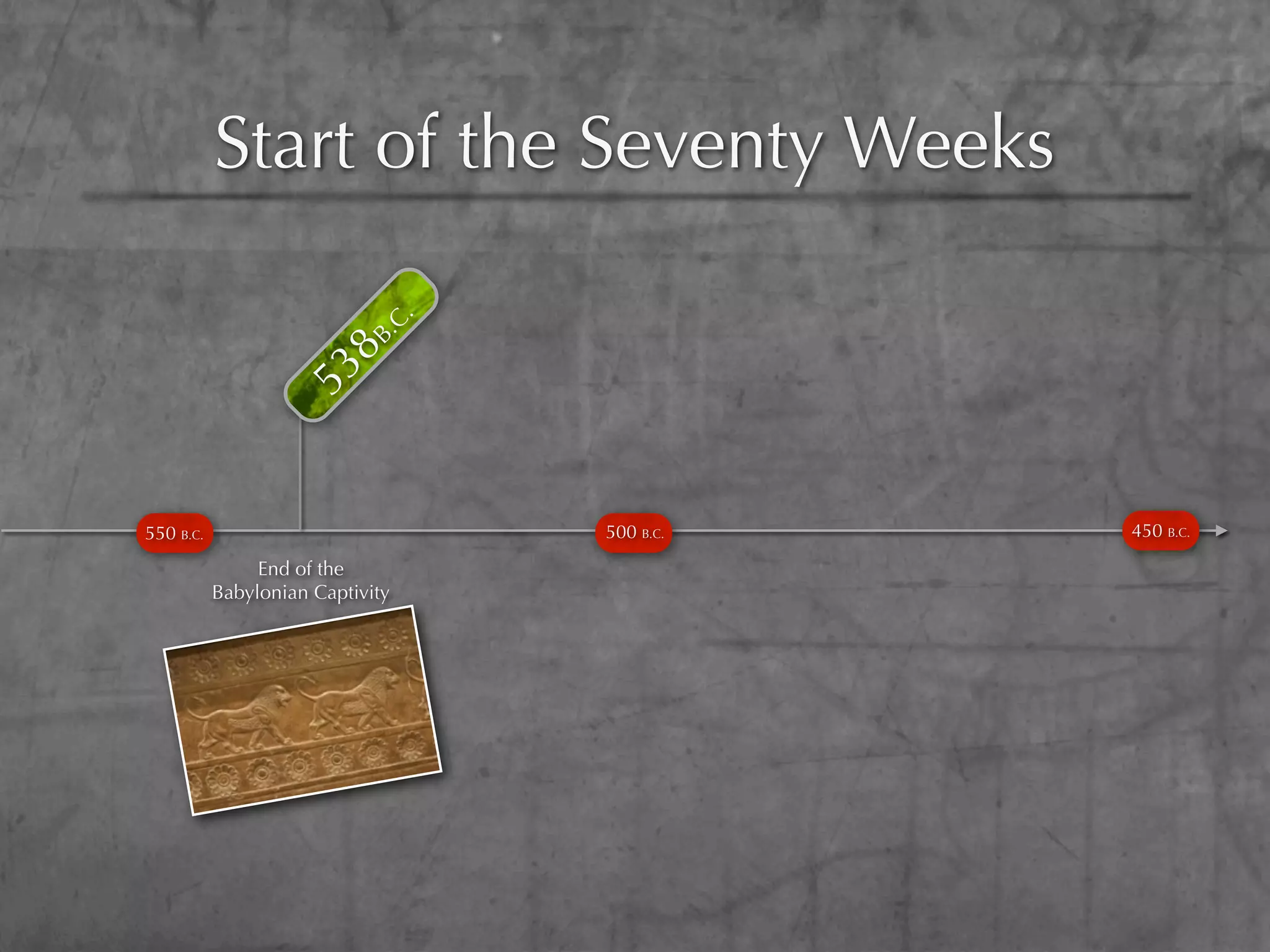 Start of the Seventy Weeks


                              .
                            .C
                       8B
                   53



550 B.C.                          500 B.C.   450 B.C.

                End of the
           Babylonian Captivity
 