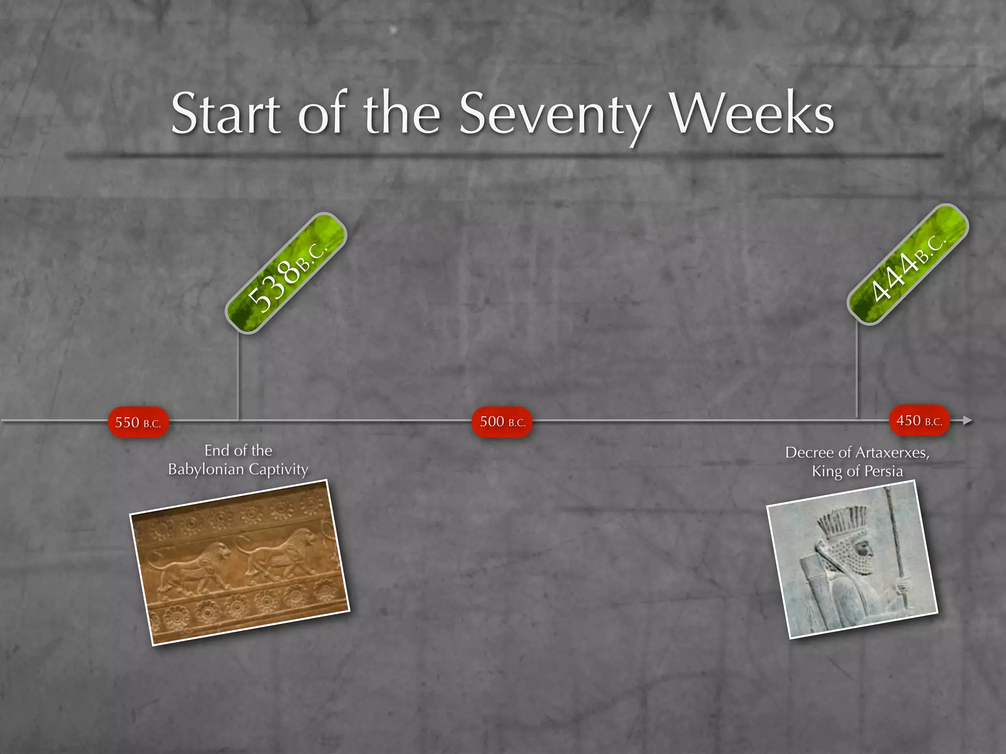 Start of the Seventy Weeks




                                                                 .
                                                               .C
                              .
                            .C




                                                          4B
                       8B




                                                      44
                   53



550 B.C.                          500 B.C.                   450 B.C.

                End of the                   Decree of Artaxerxes,
           Babylonian Captivity                 King of Persia
 