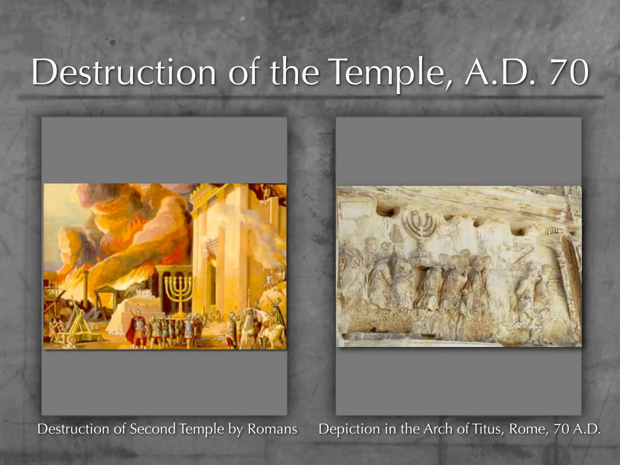 Destruction of the Temple, A.D. 70




Destruction of Second Temple by Romans   Depiction in the Arch of Titus, Rome, 70 A.D.
 