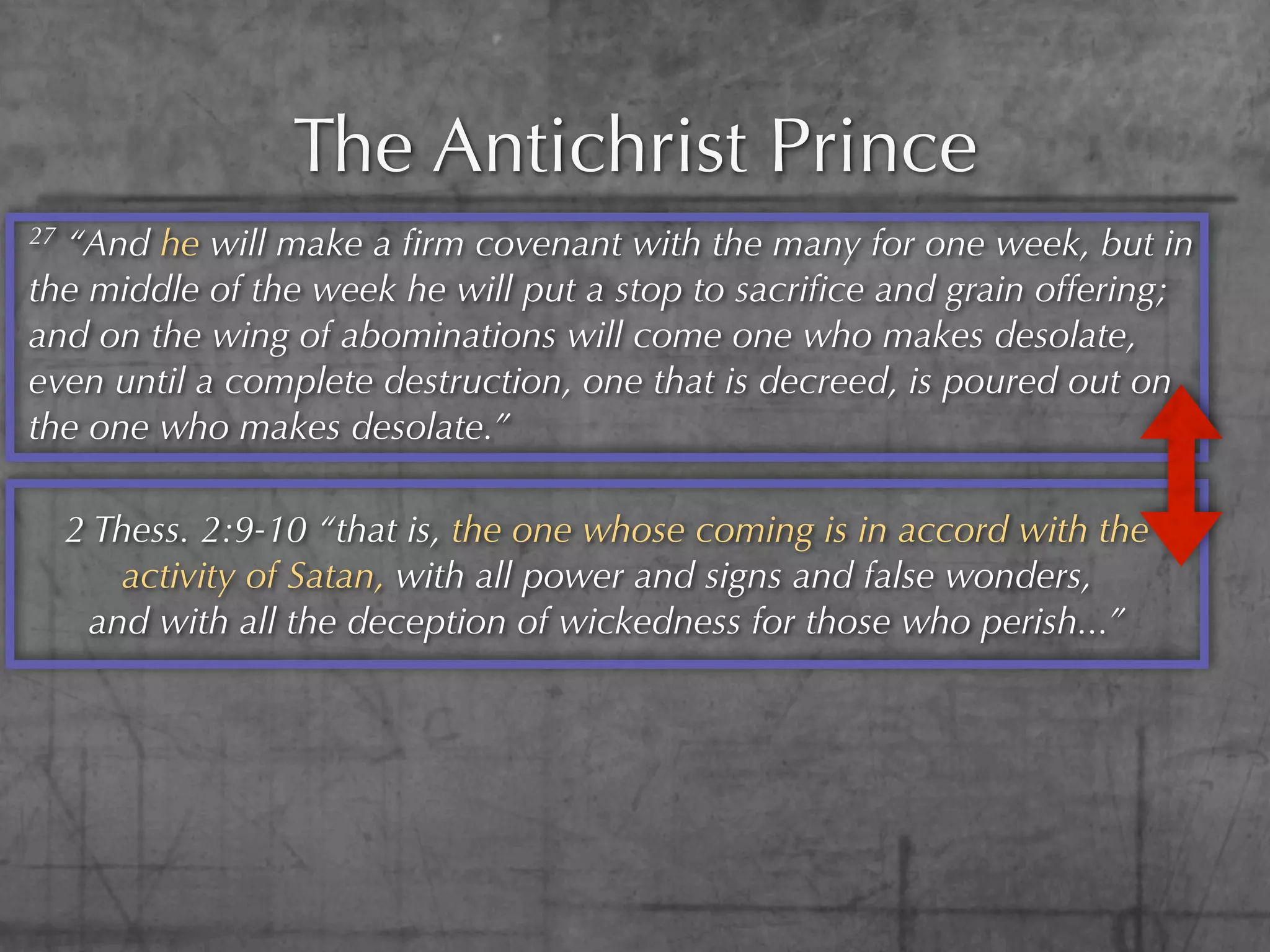 The Antichrist Prince
27“And he will make a ﬁrm covenant with the many for one week, but in
the middle of the week he will put a stop to sacriﬁce and grain offering;
and on the wing of abominations will come one who makes desolate,
even until a complete destruction, one that is decreed, is poured out on
the one who makes desolate.”

     2 Thess. 2:9-10 “that is, the one whose coming is in accord with the
        activity of Satan, with all power and signs and false wonders,
      and with all the deception of wickedness for those who perish...”
 