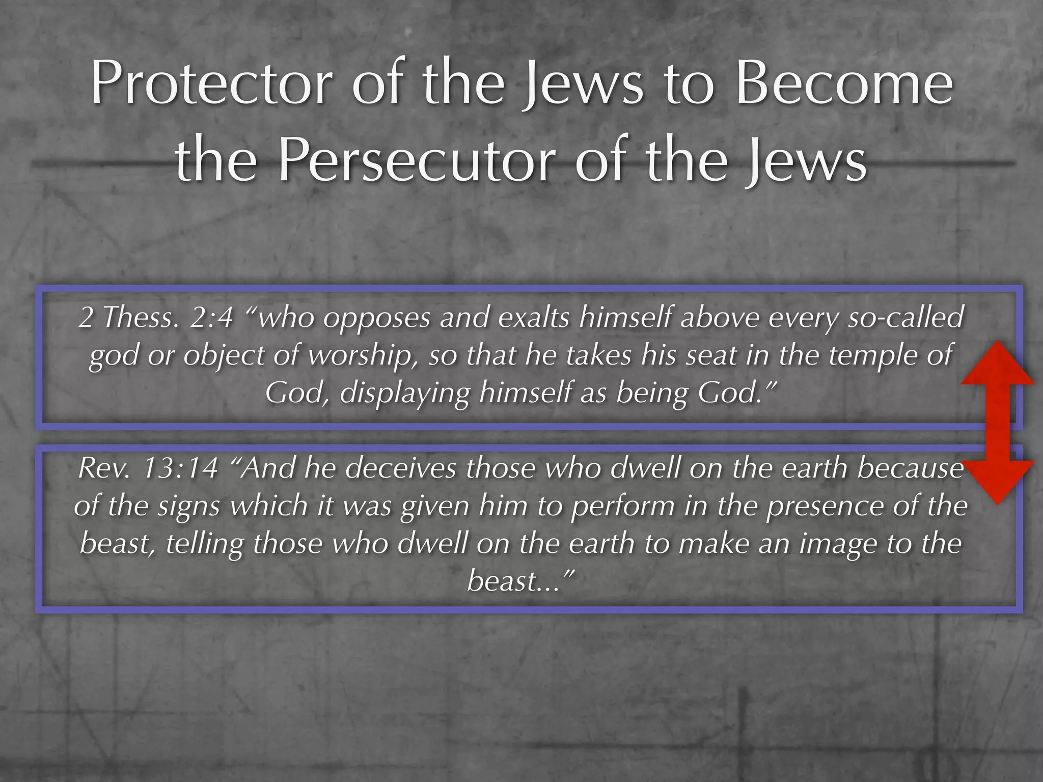 Protector of the Jews to Become
    the Persecutor of the Jews

2 Thess. 2:4 “who opposes and exalts himself above every so-called
 god or object of worship, so that he takes his seat in the temple of
              God, displaying himself as being God.”

Rev. 13:14 “And he deceives those who dwell on the earth because
of the signs which it was given him to perform in the presence of the
beast, telling those who dwell on the earth to make an image to the
                               beast...”
 