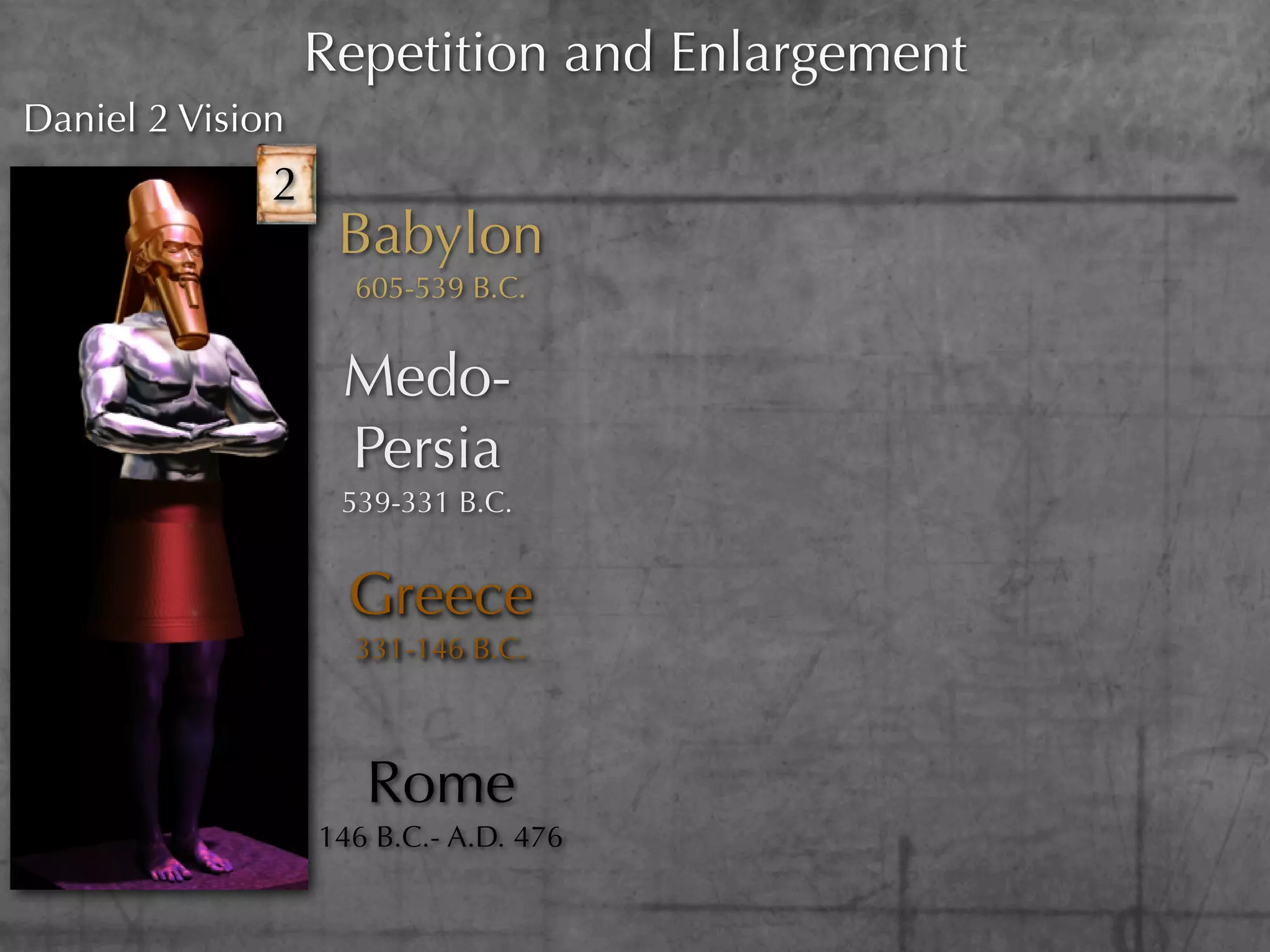 Repetition and Enlargement
Daniel 2 Vision
              2
                   Babylon
                    605-539 B.C.


                   Medo-
                   Persia
                   539-331 B.C.


                    Greece
                    331-146 B.C.



                     Rome
                  146 B.C.- A.D. 476
 
