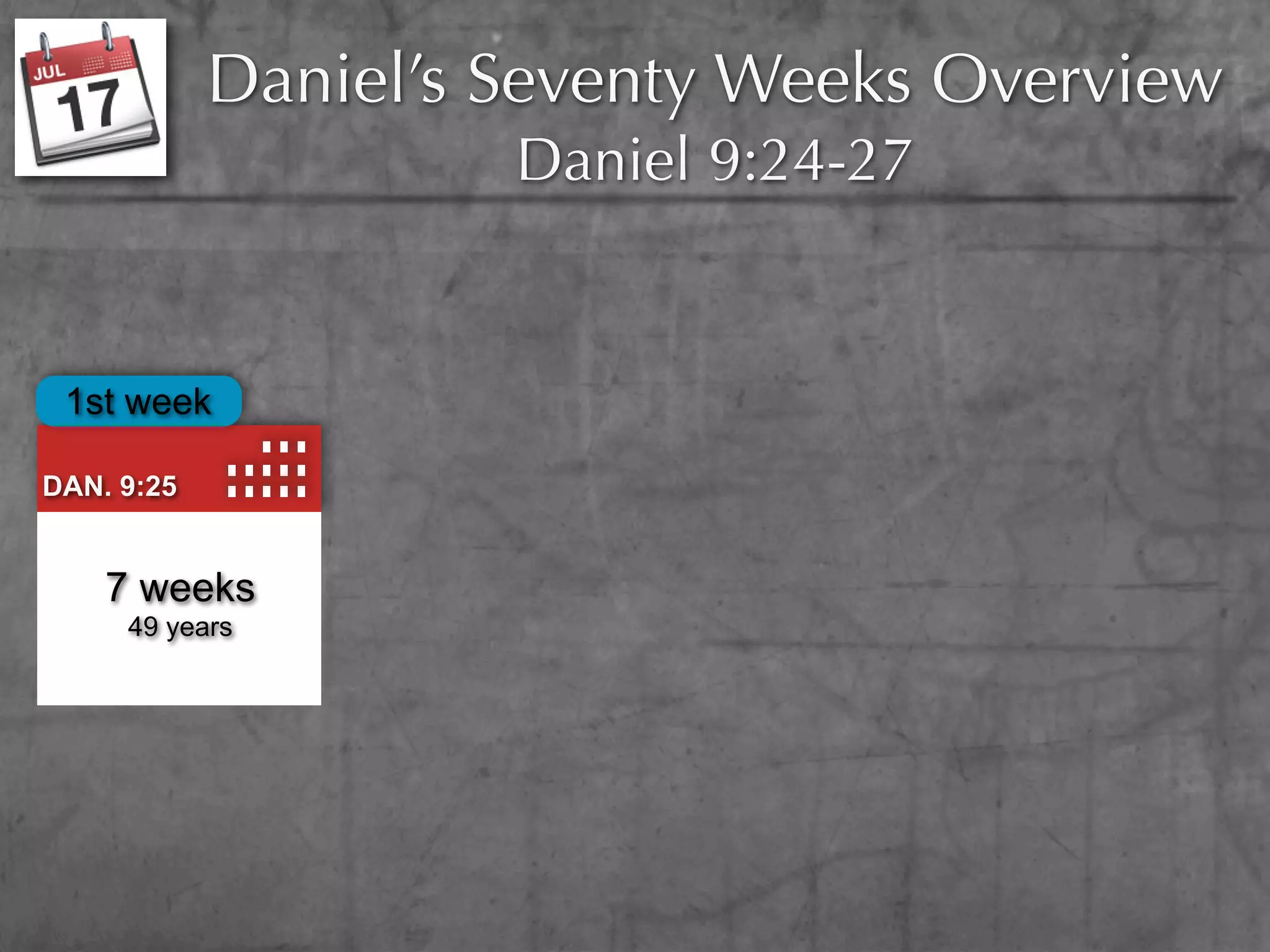 Daniel’s Seventy Weeks Overview
                     Daniel 9:24-27


 1st week

DAN. 9:25


    7 weeks
     49 years
 