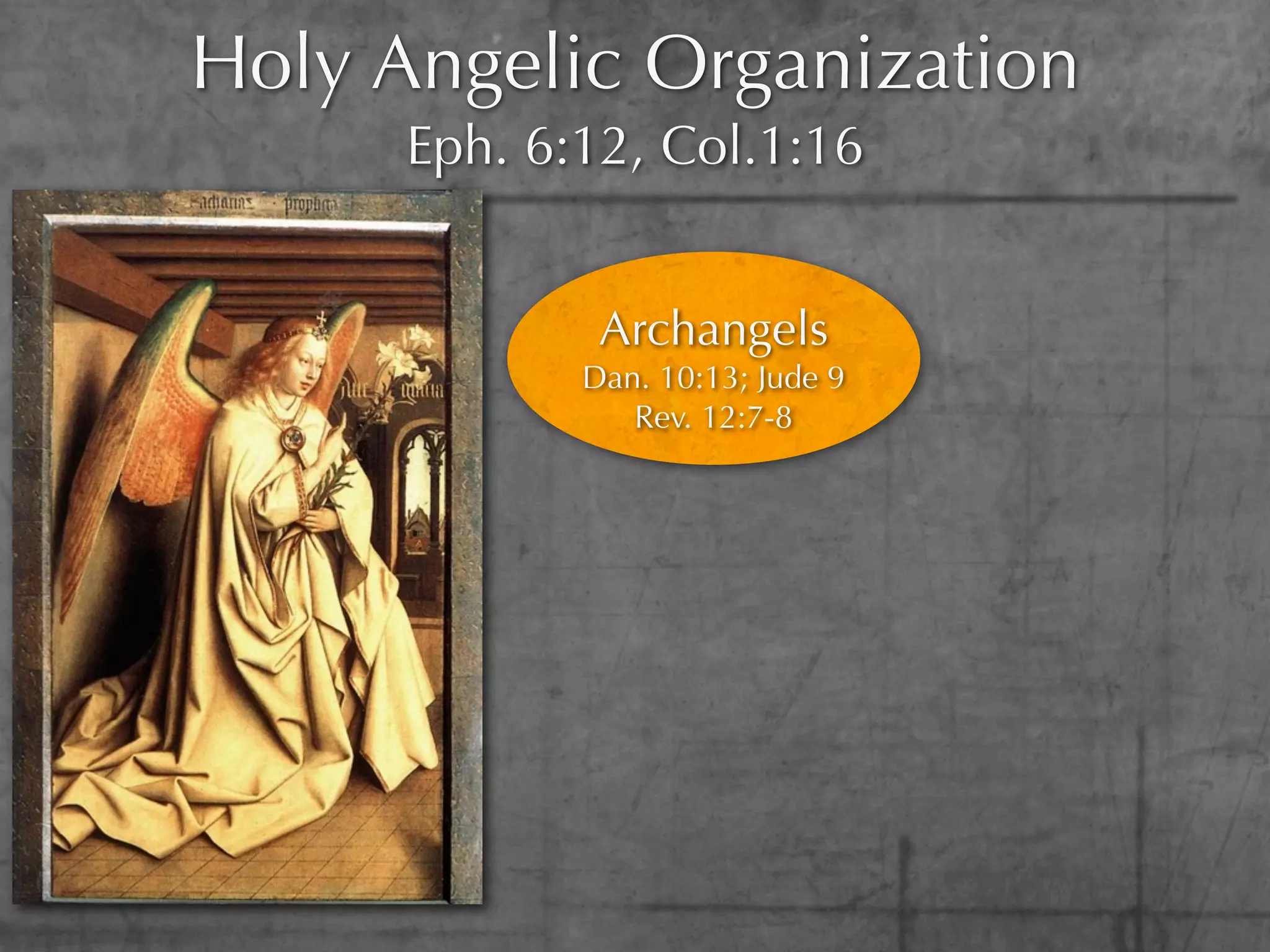 Holy Angelic Organization
      Eph. 6:12, Col.1:16


              Archangels
             Dan. 10:13; Jude 9
                Rev. 12:7-8
 