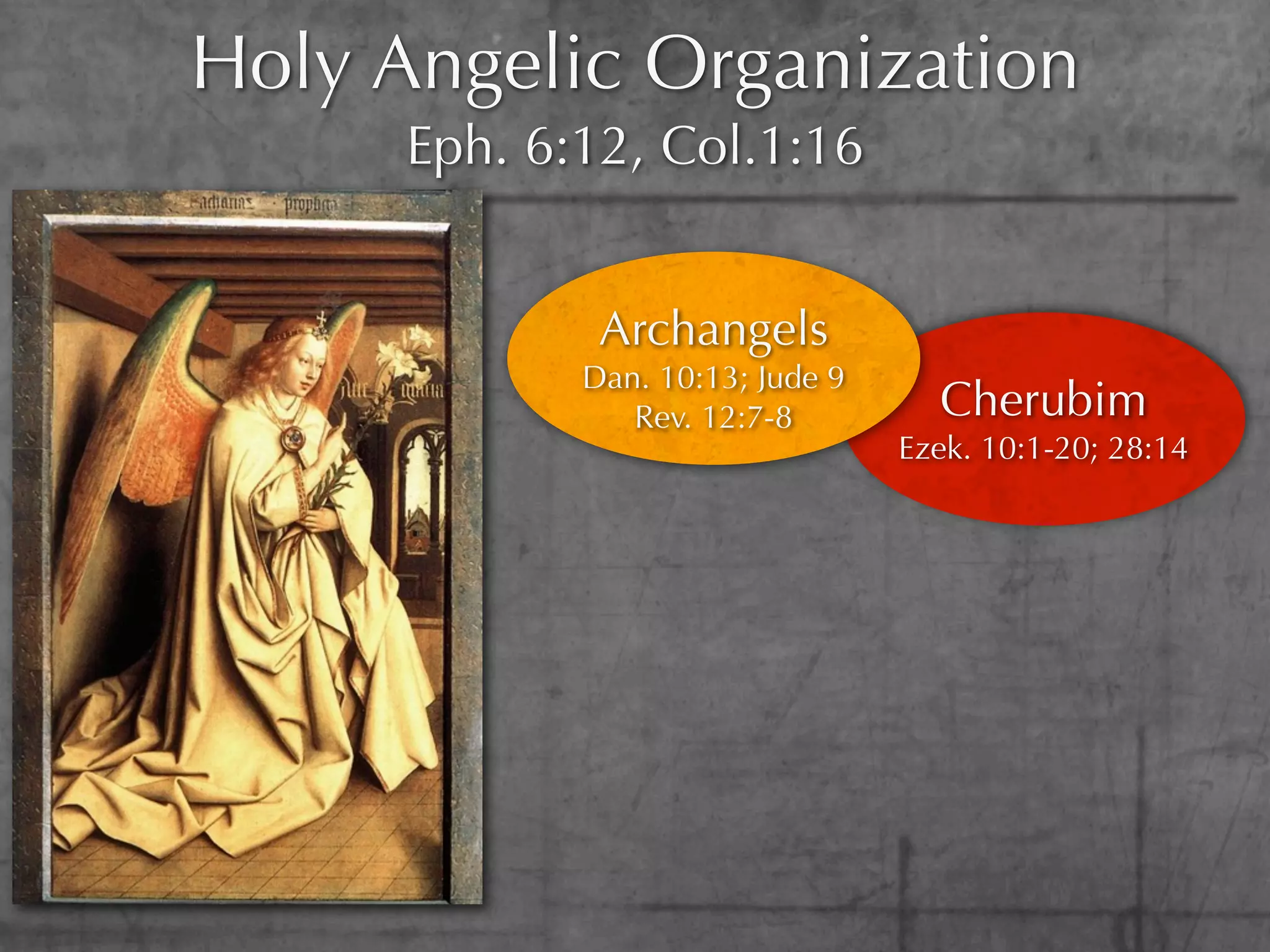Holy Angelic Organization
      Eph. 6:12, Col.1:16


              Archangels
             Dan. 10:13; Jude 9
                Rev. 12:7-8         Cherubim
                                  Ezek. 10:1-20; 28:14
 