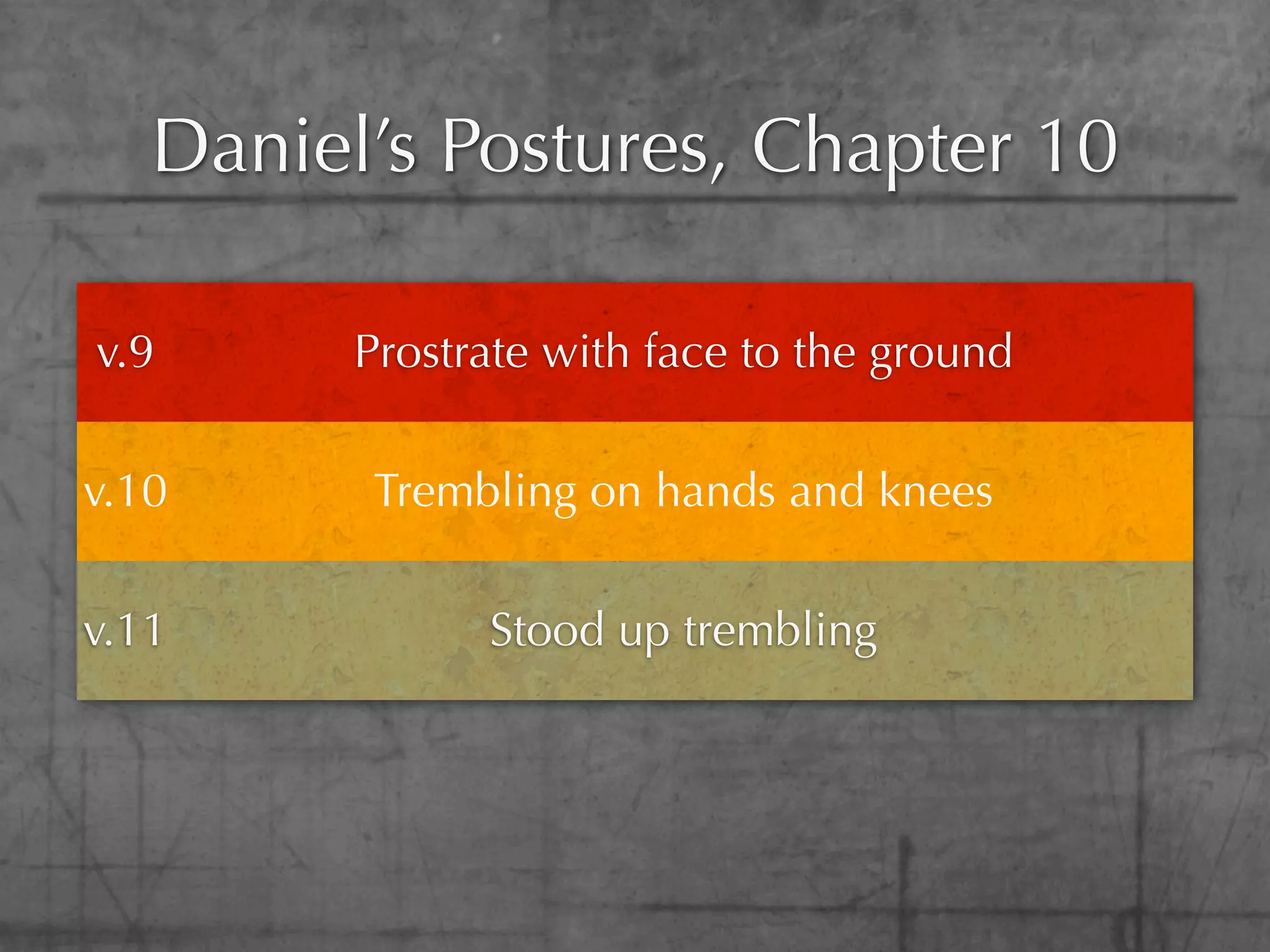 Daniel’s Postures, Chapter 10

v.9      Prostrate with face to the ground

v.10     Trembling on hands and knees

v.11           Stood up trembling
 