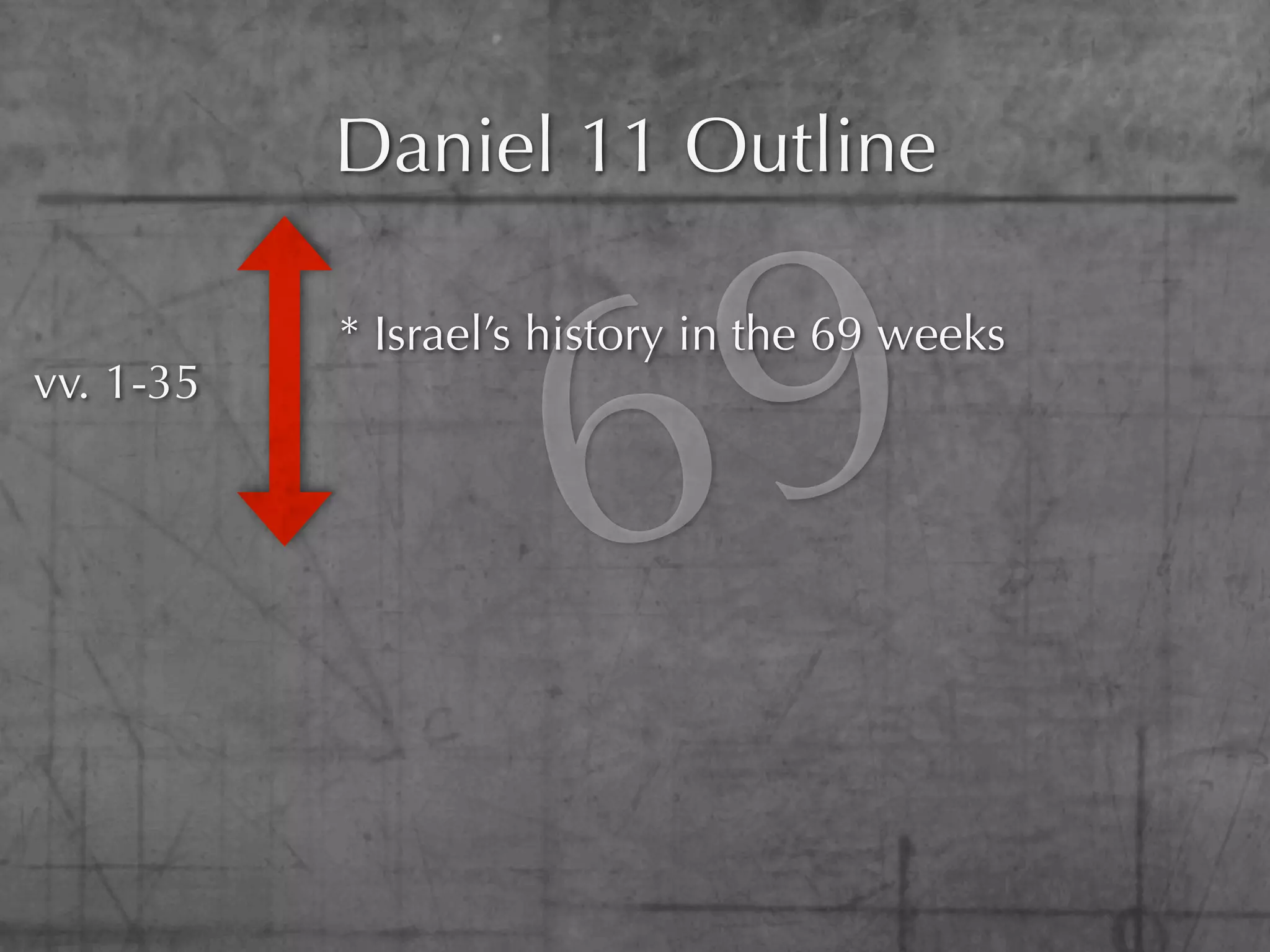Daniel 11 Outline

vv. 1-35


                     6 9
           * Israel’s history in the 69 weeks
 