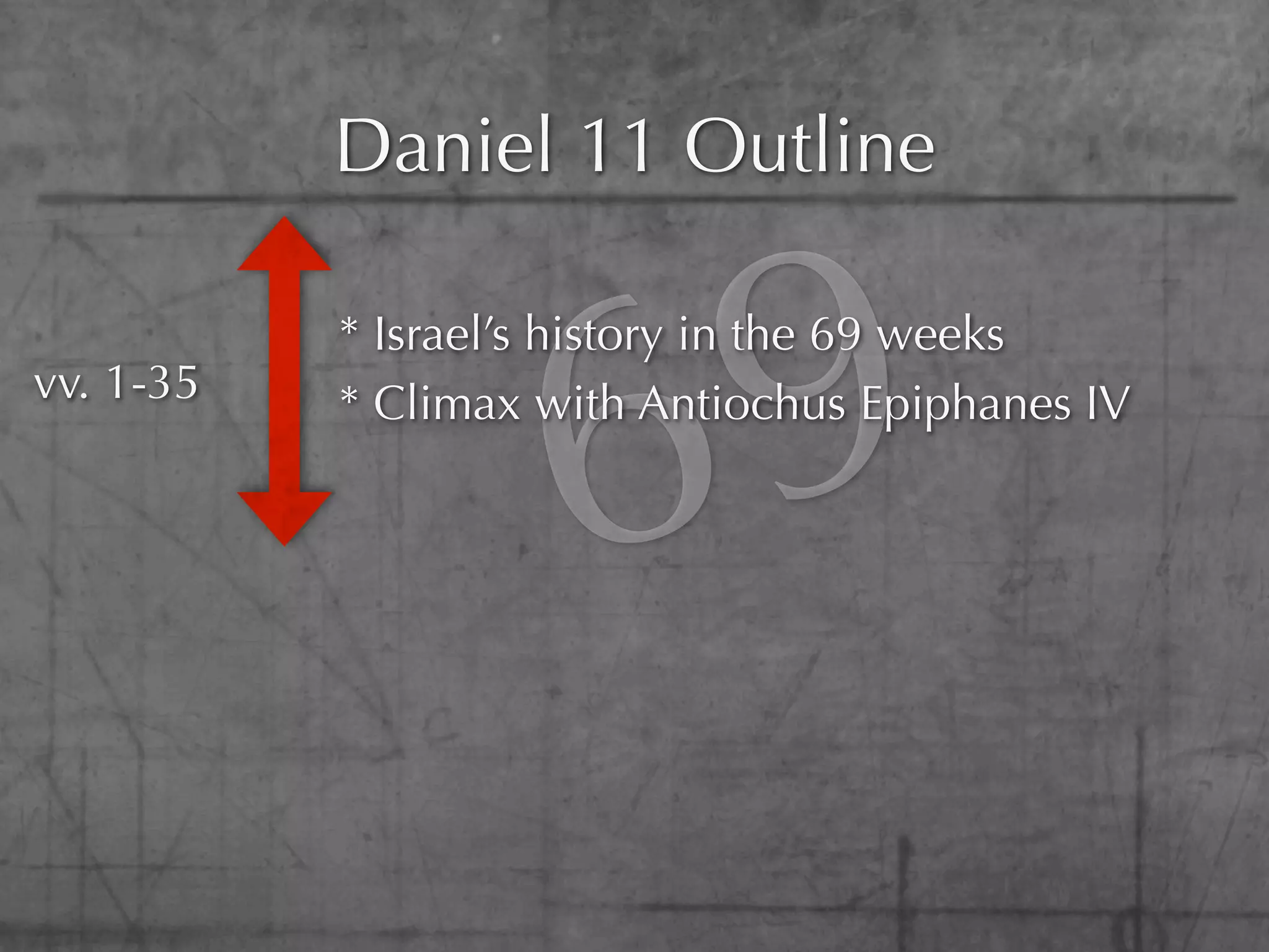 Daniel 11 Outline

vv. 1-35


                    6 9
           * Israel’s history in the 69 weeks
           * Climax with Antiochus Epiphanes IV
 