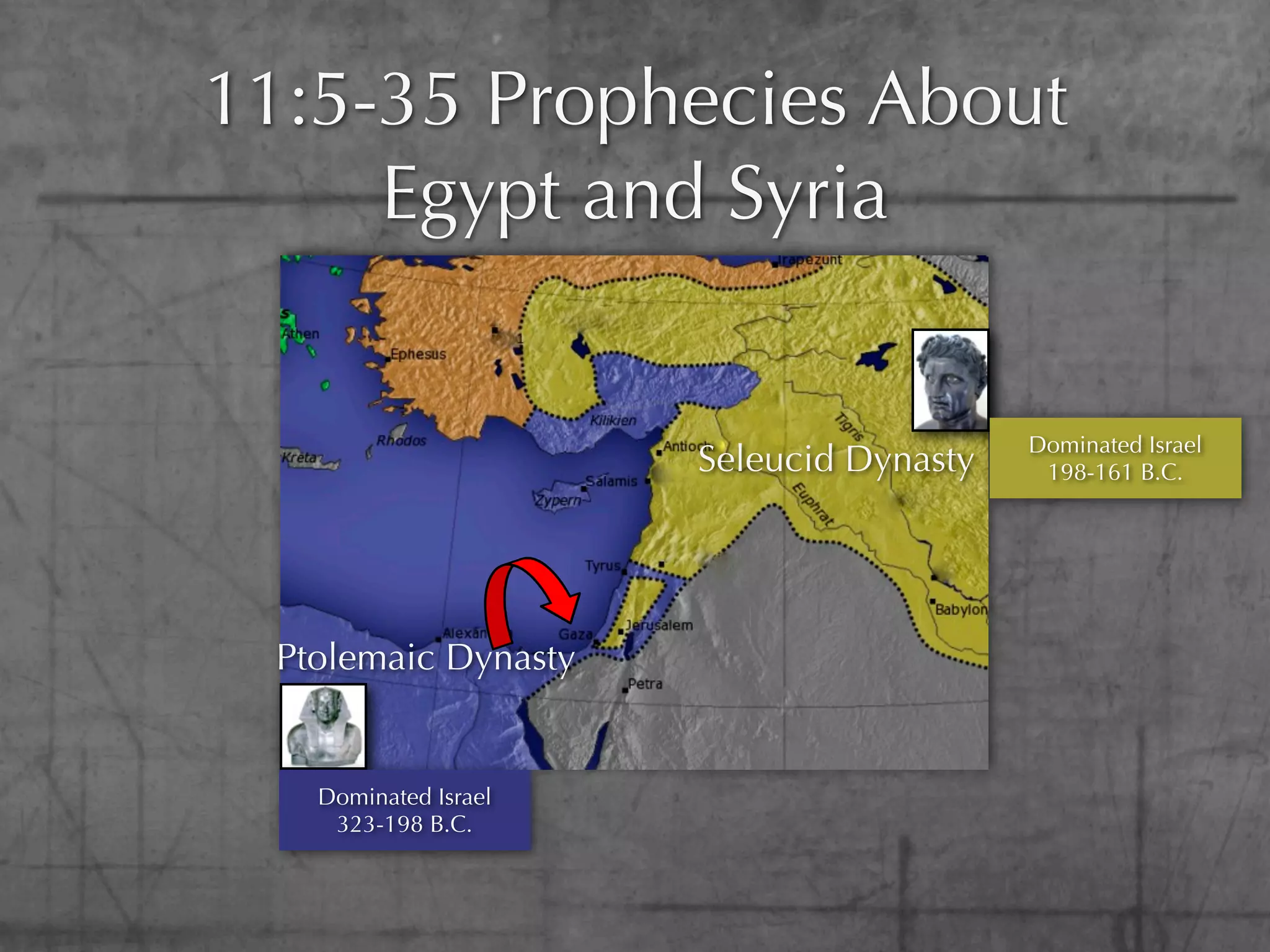 11:5-35 Prophecies About
     Egypt and Syria


                                          Dominated Israel
                       Seleucid Dynasty    198-161 B.C.




  Ptolemaic Dynasty


    Dominated Israel
     323-198 B.C.
 