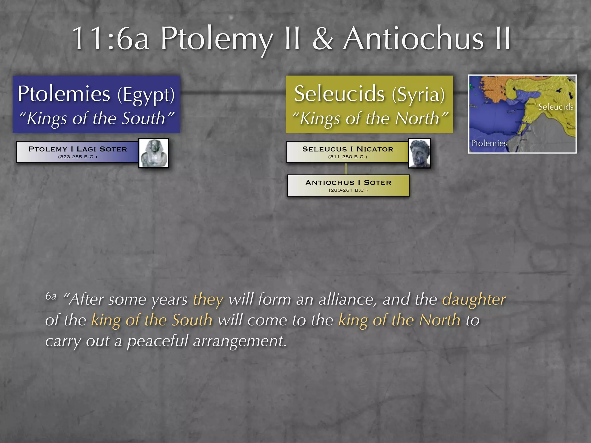11:6a Ptolemy II & Antiochus II
Ptolemies (Egypt)                      Seleucids (Syria)                    Seleucids
“Kings of the South”                  “Kings of the North”
                                                                Ptolemies
 Ptolemy I Lagi Soter                   Seleucus I Nicator
         (323-285 B.C.)                      (311-280 B.C.)



                                        Antiochus I Soter
                                             (280-261 B.C.)




    6a “After some years they will form an alliance, and the daughter
    of the king of the South will come to the king of the North to
    carry out a peaceful arrangement.
 