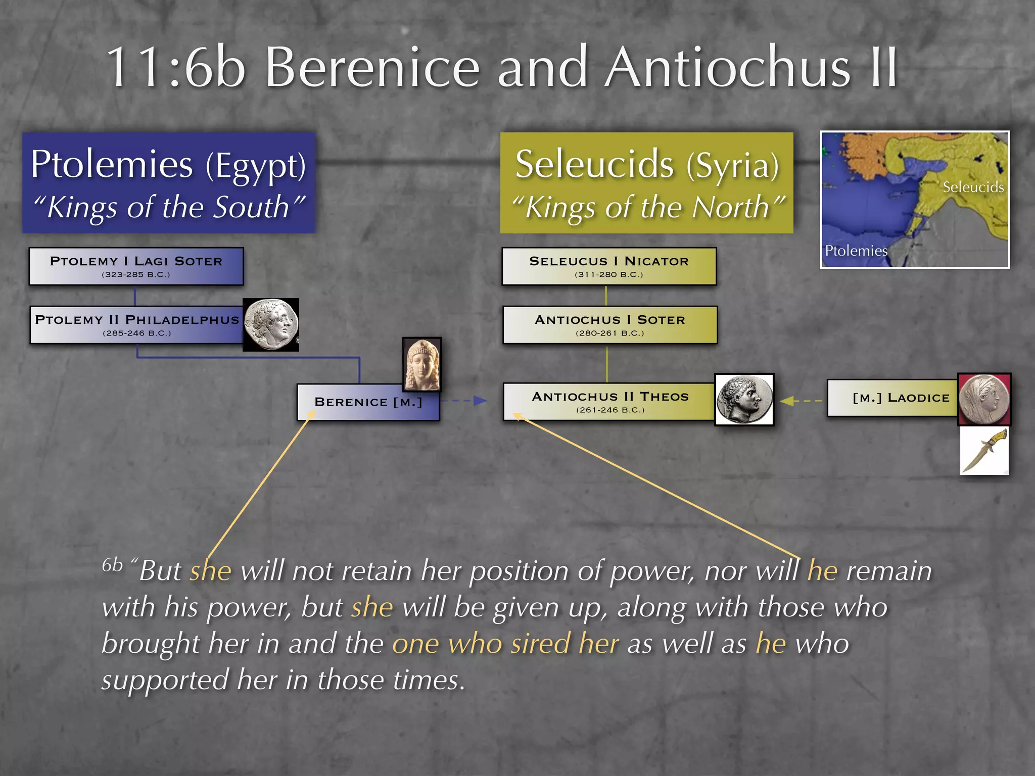 11:6b Berenice and Antiochus II
Ptolemies (Egypt)                         Seleucids (Syria)                     Seleucids
“Kings of the South”                      “Kings of the North”
                                                                  Ptolemies
 Ptolemy I Lagi Soter                      Seleucus I Nicator
       (323-285 B.C.)                           (311-280 B.C.)



Ptolemy II Philadelphus                    Antiochus I Soter
       (285-246 B.C.)                           (280-261 B.C.)




                          Berenice [m.]    Antiochus II Theos        [m.] Laodice
                                                (261-246 B.C.)




       6b “Butshe will not retain her position of power, nor will he remain
       with his power, but she will be given up, along with those who
       brought her in and the one who sired her as well as he who
       supported her in those times.
 