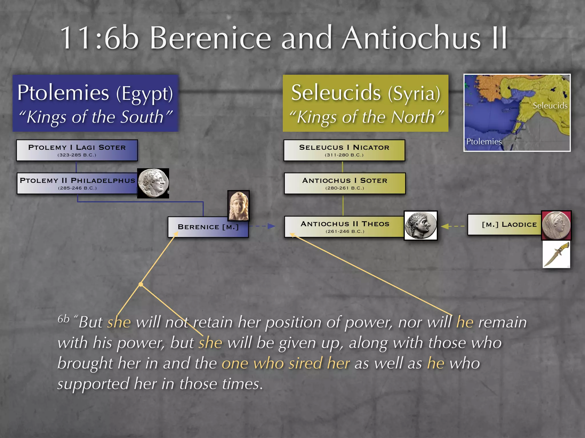 11:6b Berenice and Antiochus II
Ptolemies (Egypt)                         Seleucids (Syria)                     Seleucids
“Kings of the South”                      “Kings of the North”
                                                                  Ptolemies
 Ptolemy I Lagi Soter                      Seleucus I Nicator
       (323-285 B.C.)                           (311-280 B.C.)



Ptolemy II Philadelphus                    Antiochus I Soter
       (285-246 B.C.)                           (280-261 B.C.)




                          Berenice [m.]    Antiochus II Theos        [m.] Laodice
                                                (261-246 B.C.)




       6b “Butshe will not retain her position of power, nor will he remain
       with his power, but she will be given up, along with those who
       brought her in and the one who sired her as well as he who
       supported her in those times.
 
