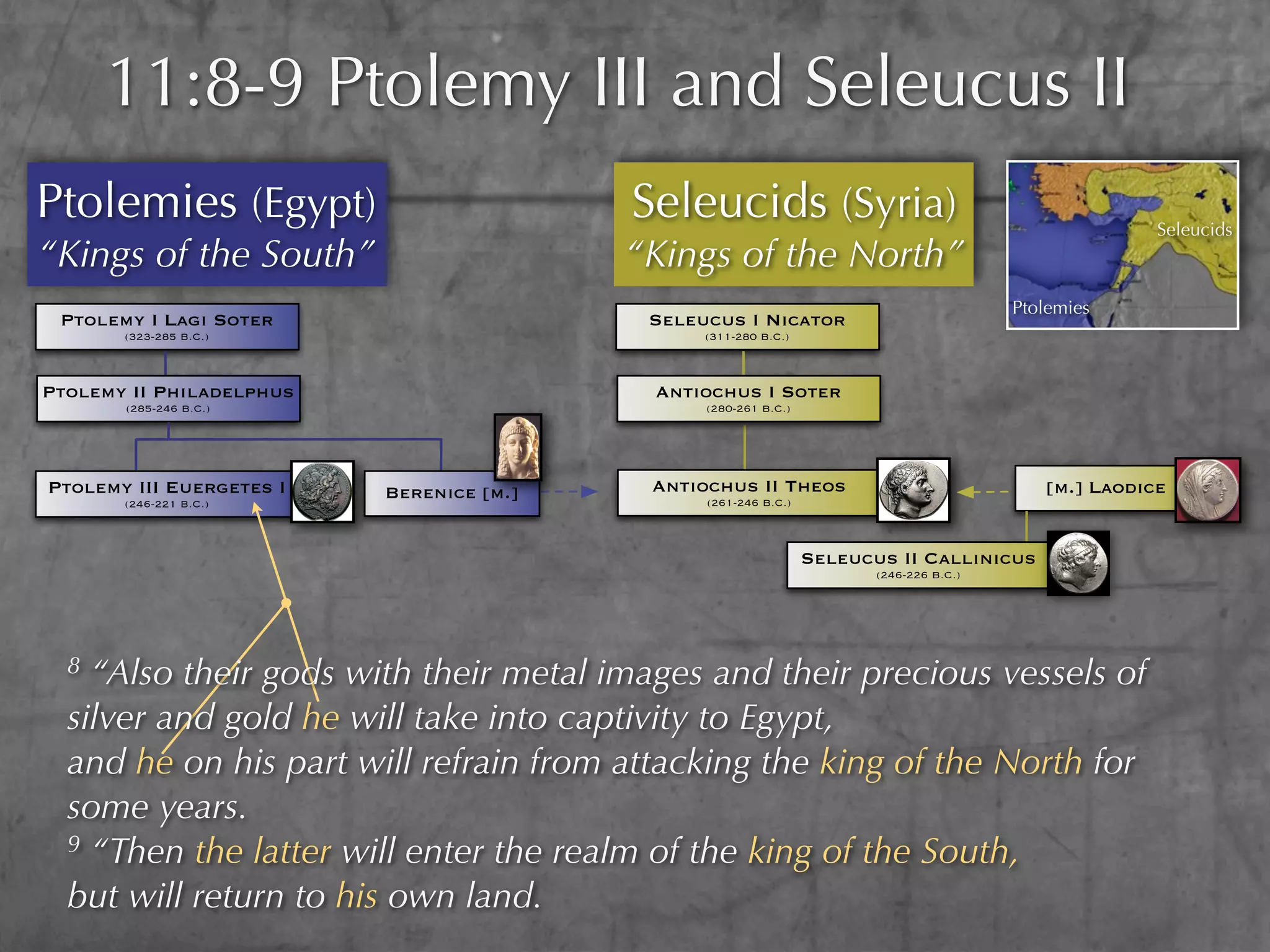 11:8-9 Ptolemy III and Seleucus II
Ptolemies (Egypt)                         Seleucids (Syria)                                            Seleucids
“Kings of the South”                      “Kings of the North”
                                                                                         Ptolemies
 Ptolemy I Lagi Soter                      Seleucus I Nicator
       (323-285 B.C.)                           (311-280 B.C.)



Ptolemy II Philadelphus                    Antiochus I Soter
       (285-246 B.C.)                           (280-261 B.C.)




Ptolemy III Euergetes I   Berenice [m.]    Antiochus II Theos                               [m.] Laodice
       (246-221 B.C.)                           (261-246 B.C.)



                                                                 Seleucus II Callinicus
                                                                        (246-226 B.C.)




  8 “Also their gods with their metal images and their precious vessels of
  silver and gold he will take into captivity to Egypt,
  and he on his part will refrain from attacking the king of the North for
  some years.
  9 “Then the latter will enter the realm of the king of the South,

  but will return to his own land.
 