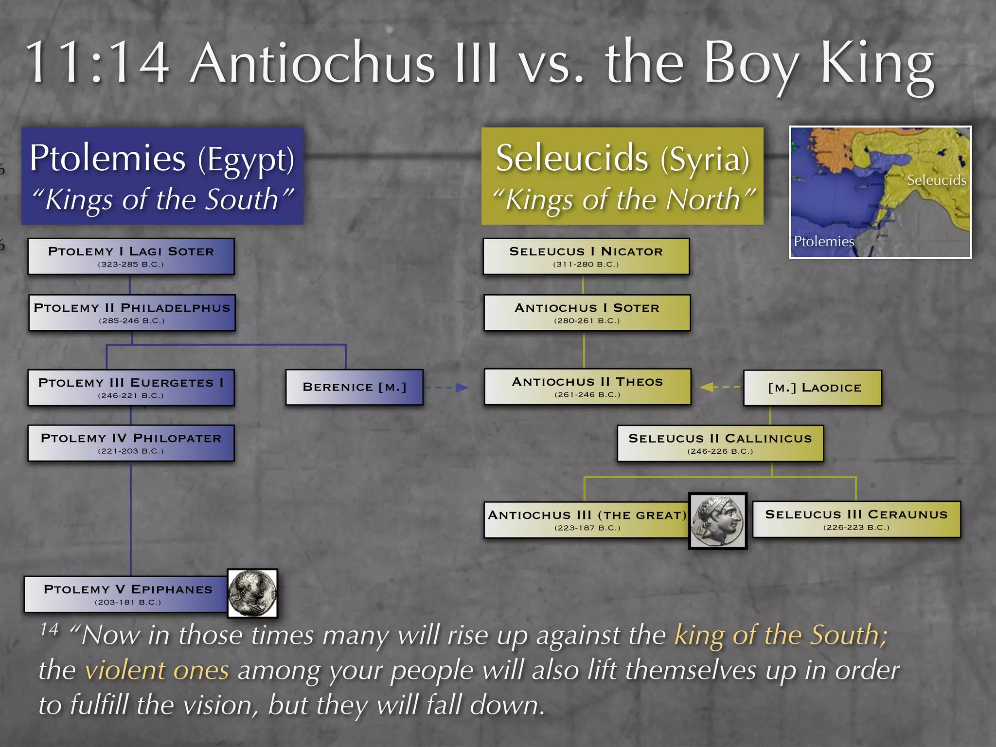 11:14 Antiochus III vs. the Boy King
6   Ptolemies (Egypt)                         Seleucids (Syria)                                                        Seleucids
    “Kings of the South”                      “Kings of the North”
6                                                                                                 Ptolemies
     Ptolemy I Lagi Soter                       Seleucus I Nicator
           (323-285 B.C.)                             (311-280 B.C.)



    Ptolemy II Philadelphus                      Antiochus I Soter
           (285-246 B.C.)                             (280-261 B.C.)




    Ptolemy III Euergetes I   Berenice [m.]      Antiochus II Theos                            [m.] Laodice
           (246-221 B.C.)                             (261-246 B.C.)



    Ptolemy IV Philopater                                              Seleucus II Callinicus
           (221-203 B.C.)                                                     (246-226 B.C.)




                                              Antiochus III (the great)                        Seleucus III Ceraunus
                                                      (223-187 B.C.)                                  (226-223 B.C.)




     Ptolemy V Epiphanes
           (203-181 B.C.)


    14 “Now in those times many will rise up against the king of the South;
    the violent ones among your people will also lift themselves up in order
    to fulﬁll the vision, but they will fall down.
 