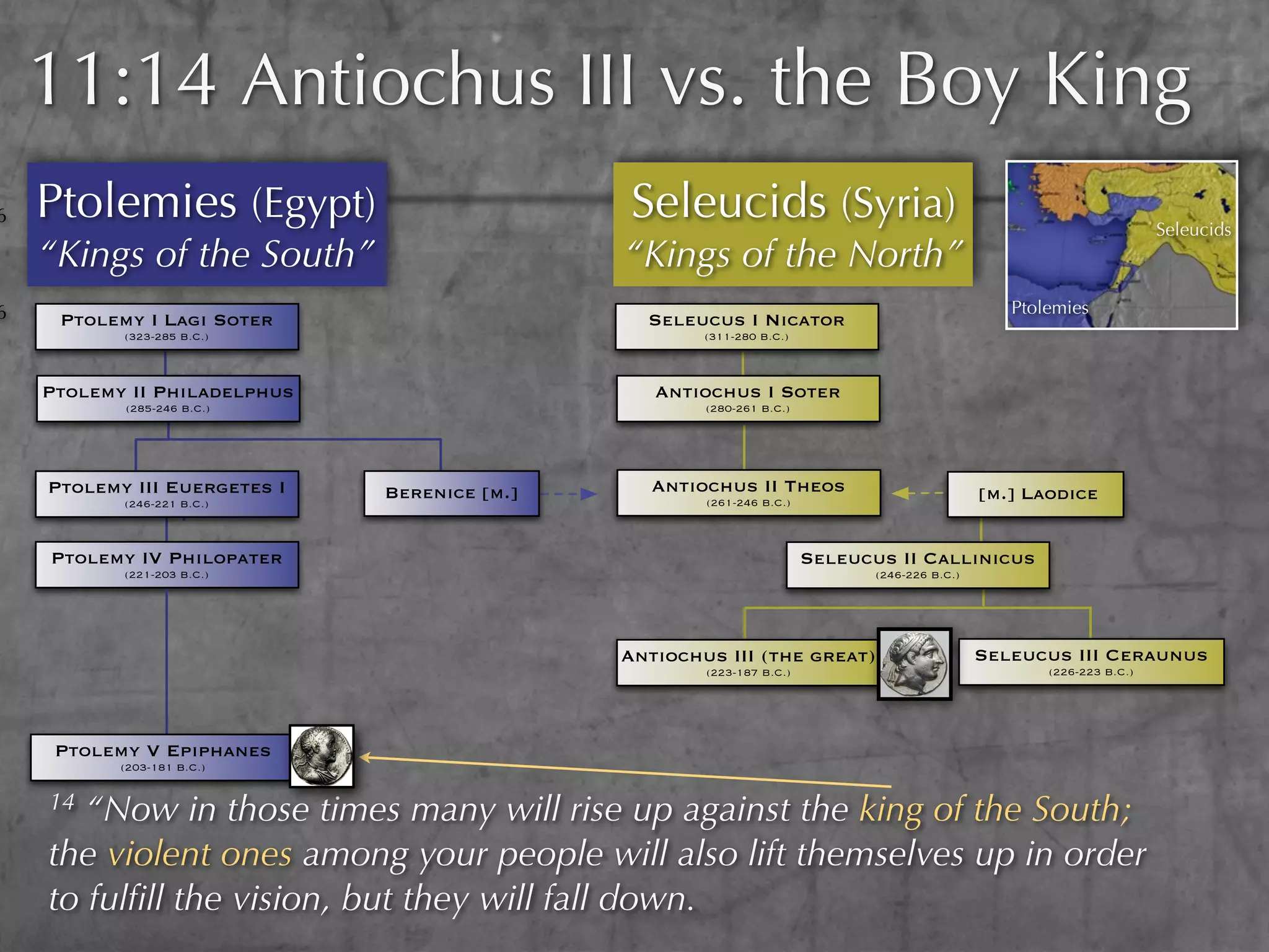11:14 Antiochus III vs. the Boy King
6   Ptolemies (Egypt)                         Seleucids (Syria)                                                        Seleucids
    “Kings of the South”                      “Kings of the North”
6                                                                                                 Ptolemies
     Ptolemy I Lagi Soter                       Seleucus I Nicator
           (323-285 B.C.)                             (311-280 B.C.)



    Ptolemy II Philadelphus                      Antiochus I Soter
           (285-246 B.C.)                             (280-261 B.C.)




    Ptolemy III Euergetes I   Berenice [m.]      Antiochus II Theos                            [m.] Laodice
           (246-221 B.C.)                             (261-246 B.C.)



    Ptolemy IV Philopater                                              Seleucus II Callinicus
           (221-203 B.C.)                                                     (246-226 B.C.)




                                              Antiochus III (the great)                        Seleucus III Ceraunus
                                                      (223-187 B.C.)                                  (226-223 B.C.)




     Ptolemy V Epiphanes
           (203-181 B.C.)


    14 “Now in those times many will rise up against the king of the South;
    the violent ones among your people will also lift themselves up in order
    to fulﬁll the vision, but they will fall down.
 