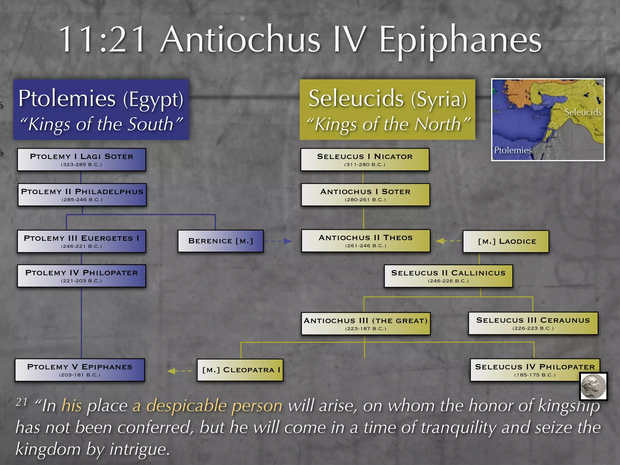 11:21 Antiochus IV Epiphanes
6   Ptolemies (Egypt)                                Seleucids (Syria)                                                        Seleucids
    “Kings of the South”                             “Kings of the North”
6                                                                                                        Ptolemies
         Ptolemy I Lagi Soter                          Seleucus I Nicator
               (323-285 B.C.)                                (311-280 B.C.)



    Ptolemy II Philadelphus                             Antiochus I Soter
               (285-246 B.C.)                                (280-261 B.C.)




     Ptolemy III Euergetes I    Berenice [m.]           Antiochus II Theos                            [m.] Laodice
               (246-221 B.C.)                                (261-246 B.C.)



     Ptolemy IV Philopater                                                    Seleucus II Callinicus
               (221-203 B.C.)                                                        (246-226 B.C.)




                                                     Antiochus III (the great)                        Seleucus III Ceraunus
                                                             (223-187 B.C.)                                  (226-223 B.C.)




     Ptolemy V Epiphanes          [m.] Cleopatra I                                                    Seleucus IV Philopater
              (203-181 B.C.)                                                                                 (185-175 B.C.)




    21 “In his place a despicable person will arise, on whom the honor of kingship
    has not been conferred, but he will come in a time of tranquility and seize the
    kingdom by intrigue.
 