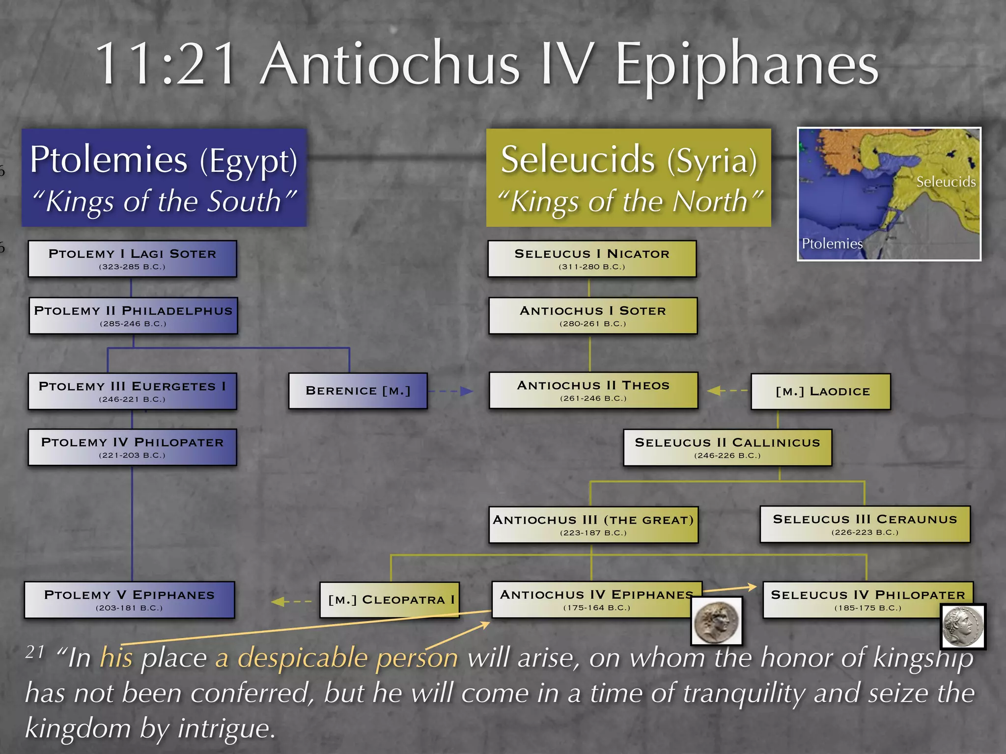 11:21 Antiochus IV Epiphanes
6   Ptolemies (Egypt)                                Seleucids (Syria)                                                        Seleucids
    “Kings of the South”                             “Kings of the North”
6                                                                                                        Ptolemies
         Ptolemy I Lagi Soter                          Seleucus I Nicator
               (323-285 B.C.)                                (311-280 B.C.)



    Ptolemy II Philadelphus                             Antiochus I Soter
               (285-246 B.C.)                                (280-261 B.C.)




     Ptolemy III Euergetes I    Berenice [m.]           Antiochus II Theos                            [m.] Laodice
               (246-221 B.C.)                                (261-246 B.C.)



     Ptolemy IV Philopater                                                    Seleucus II Callinicus
               (221-203 B.C.)                                                        (246-226 B.C.)




                                                     Antiochus III (the great)                        Seleucus III Ceraunus
                                                             (223-187 B.C.)                                  (226-223 B.C.)




     Ptolemy V Epiphanes          [m.] Cleopatra I   Antiochus IV Epiphanes                           Seleucus IV Philopater
              (203-181 B.C.)                                 (175-164 B.C.)                                  (185-175 B.C.)




    21 “In his place a despicable person will arise, on whom the honor of kingship
    has not been conferred, but he will come in a time of tranquility and seize the
    kingdom by intrigue.
 