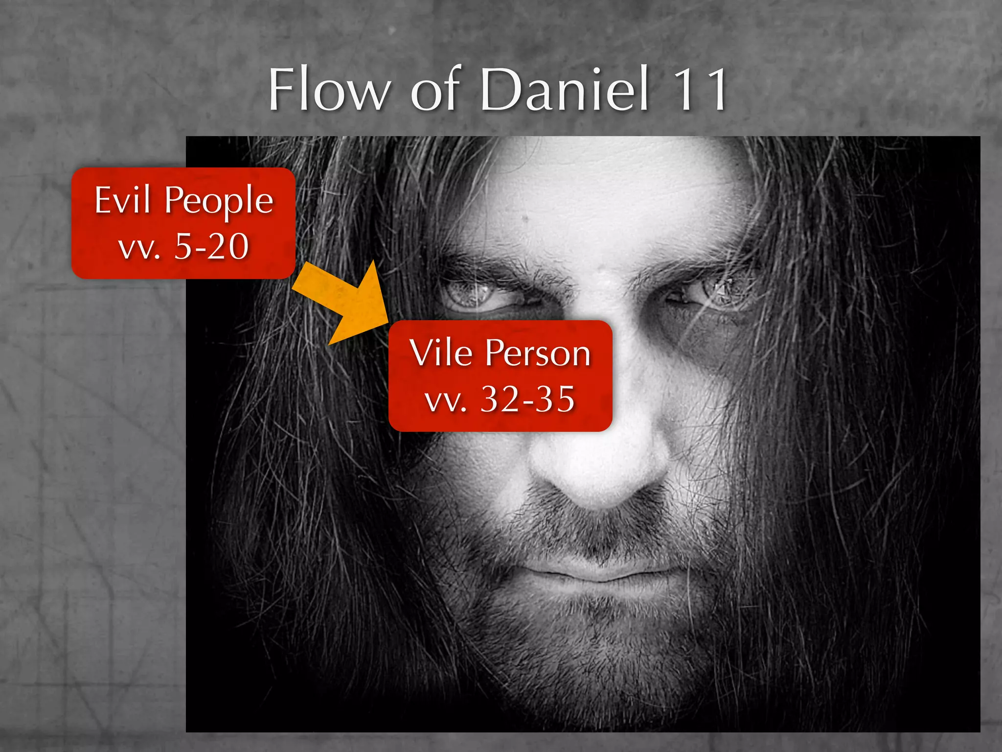 Flow of Daniel 11
Evil People
 vv. 5-20

               Vile Person
                vv. 32-35
 