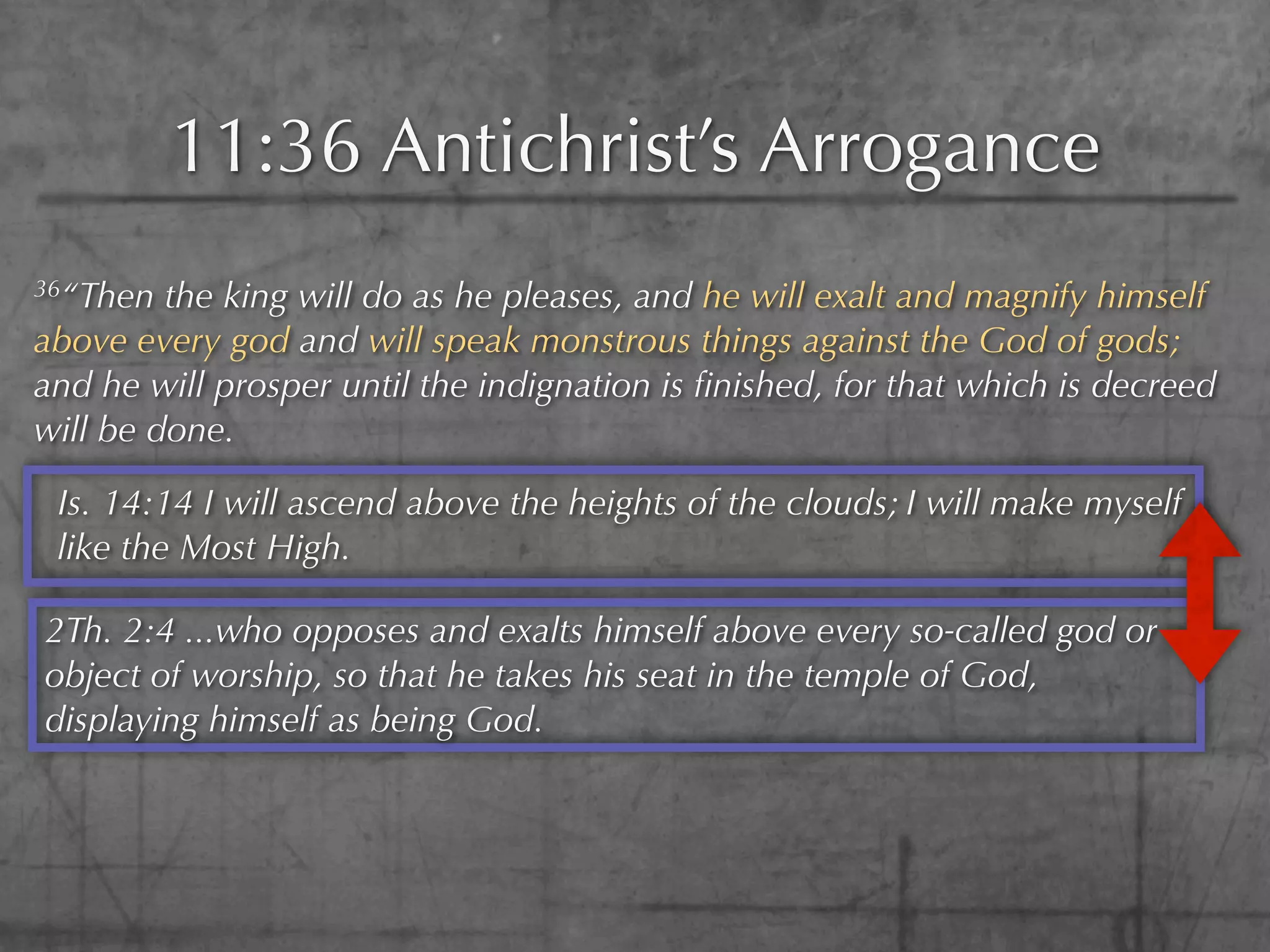 11:36 Antichrist’s Arrogance
36“Then  the king will do as he pleases, and he will exalt and magnify himself
above every god and will speak monstrous things against the God of gods;
and he will prosper until the indignation is ﬁnished, for that which is decreed
will be done.

 Is. 14:14 I will ascend above the heights of the clouds; I will make myself
 like the Most High.

2Th. 2:4 ...who opposes and exalts himself above every so-called god or
object of worship, so that he takes his seat in the temple of God,
displaying himself as being God.
 
