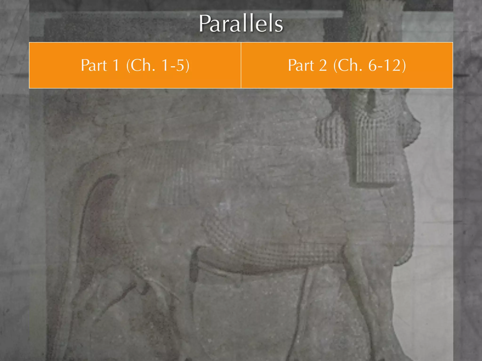 Parallels
        Part 1 (Ch. 1-5)                      Part 2 (Ch. 6-12)

          Chapter 5                          Chapter 10-12
    Belshazzar makes a god of his
                                        The king exalts himself above every
pleasures, but still recognizes the god
                                             god, and regards no god
            of stone, etc.
Belshazzar sacrilegiously drinks from Antiochus sets up the abomination of
         the temple vessels            desolation in the sanctuary (11:31)

       The writing on the wall                 The writing of Truth

                                     The series of apparent “ends” leading
The end of Belshazzar and the end of
                                       up to “the time of the end” and
      the Babylonian empire
                                          eventually to The End itself
 