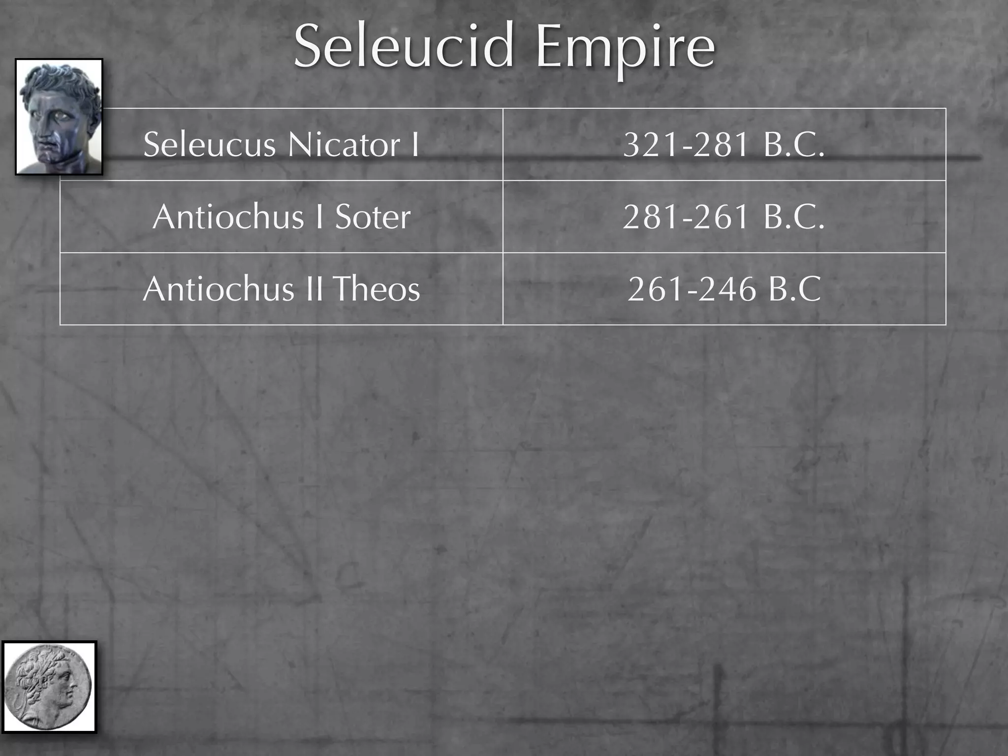 Seleucid Empire
  Seleucus Nicator I      321-281 B.C.

   Antiochus I Soter      281-261 B.C.

  Antiochus II Theos      261-246 B.C

 Seleucus II Callinicus   246-225 B.C.

 Seleucus III Ceranus     225-223 B.C.

Antiochus III the Great   223-187 B.C.

Seleucus IV Philopator    187-175 B.C

Antiochus IV Epiphanes    175-164 B.C.
 