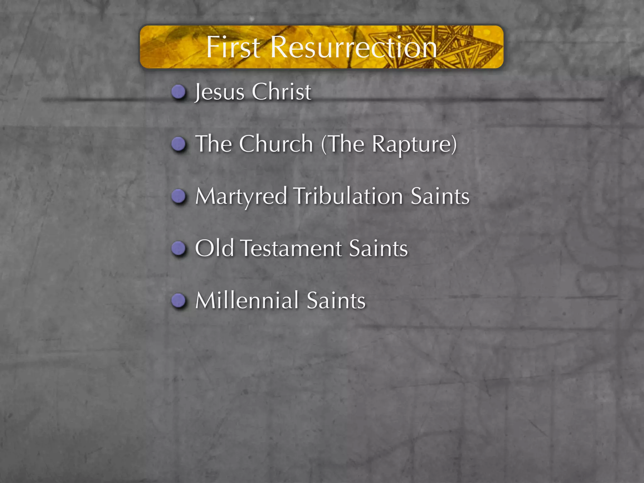 First Resurrection
Jesus Christ

The Church (The Rapture)

Martyred Tribulation Saints

Old Testament Saints

Millennial Saints
 