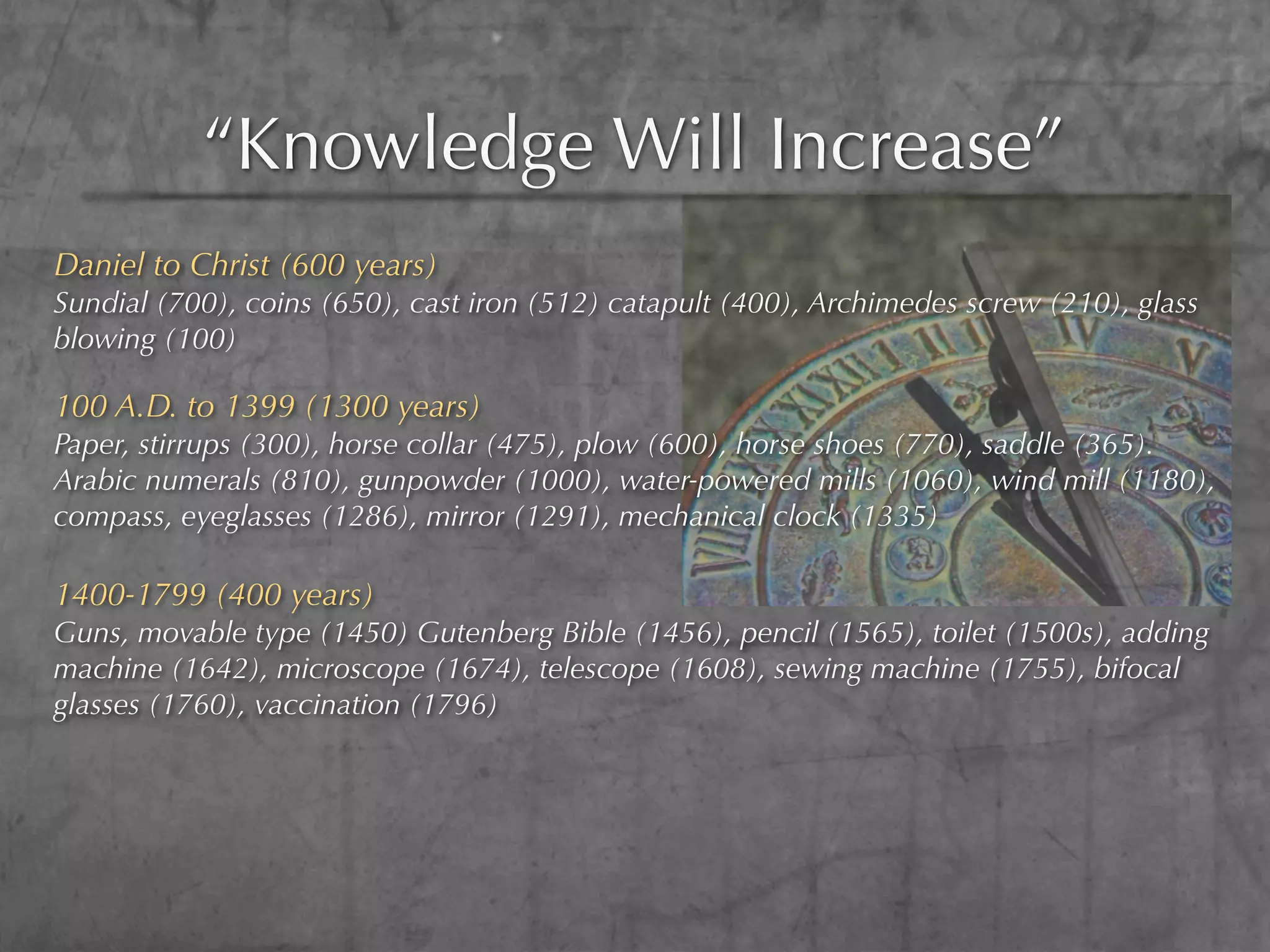 “Knowledge Will Increase”
Daniel to Christ (600 years)
Sundial (700), coins (650), cast iron (512) catapult (400), Archimedes screw (210), glass
blowing (100)

100 A.D. to 1399 (1300 years)
Paper, stirrups (300), horse collar (475), plow (600), horse shoes (770), saddle (365).
Arabic numerals (810), gunpowder (1000), water-powered mills (1060), wind mill (1180),
compass, eyeglasses (1286), mirror (1291), mechanical clock (1335)

1400-1799 (400 years)
Guns, movable type (1450) Gutenberg Bible (1456), pencil (1565), toilet (1500s), adding
machine (1642), microscope (1674), telescope (1608), sewing machine (1755), bifocal
glasses (1760), vaccination (1796)
 