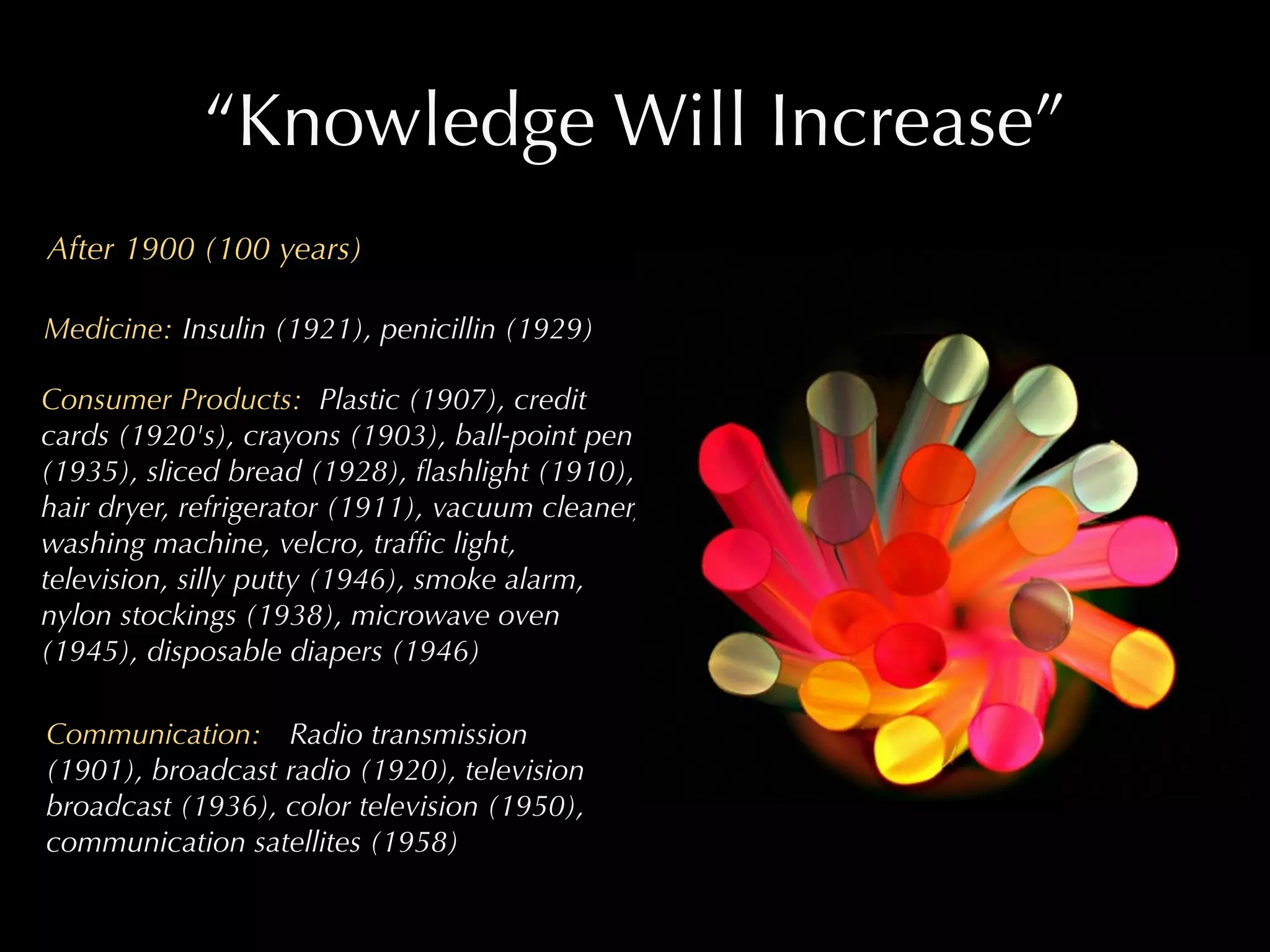 “Knowledge Will Increase”
After 1900 (100 years)

Medicine: Insulin (1921), penicillin (1929)

Consumer Products: Plastic (1907), credit
cards (1920's), crayons (1903), ball-point pen
(1935), sliced bread (1928), ﬂashlight (1910),
hair dryer, refrigerator (1911), vacuum cleaner,
washing machine, velcro, trafﬁc light,
television, silly putty (1946), smoke alarm,
nylon stockings (1938), microwave oven
(1945), disposable diapers (1946)

Communication: Radio transmission
(1901), broadcast radio (1920), television
broadcast (1936), color television (1950),
communication satellites (1958)
 