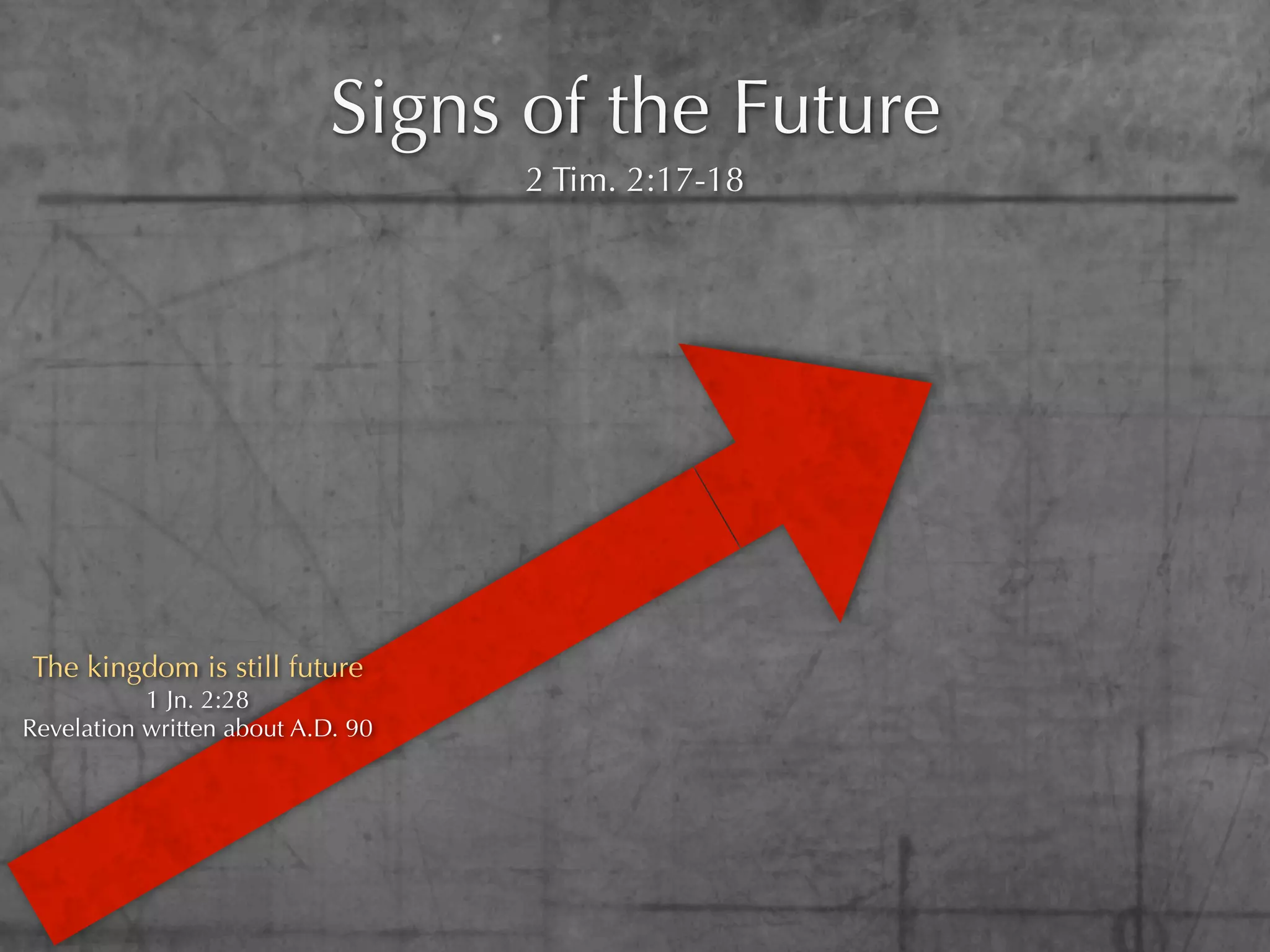 Signs of the Future
                                   2 Tim. 2:17-18




The kingdom is still future
           1 Jn. 2:28
Revelation written about A.D. 90
 