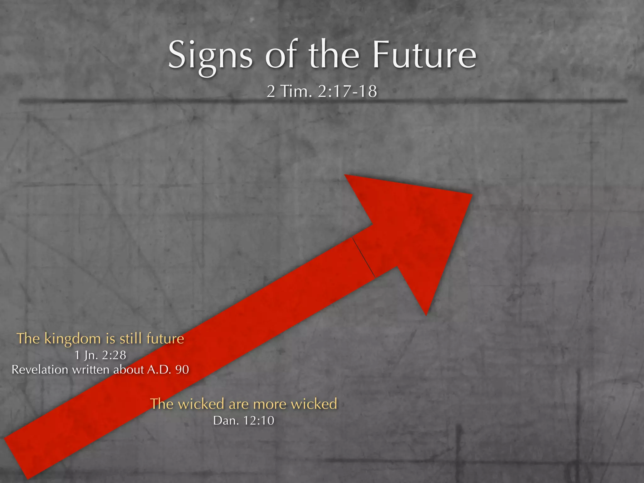 Signs of the Future
                                           2 Tim. 2:17-18




The kingdom is still future
           1 Jn. 2:28
Revelation written about A.D. 90

                        The wicked are more wicked
                                   Dan. 12:10
 