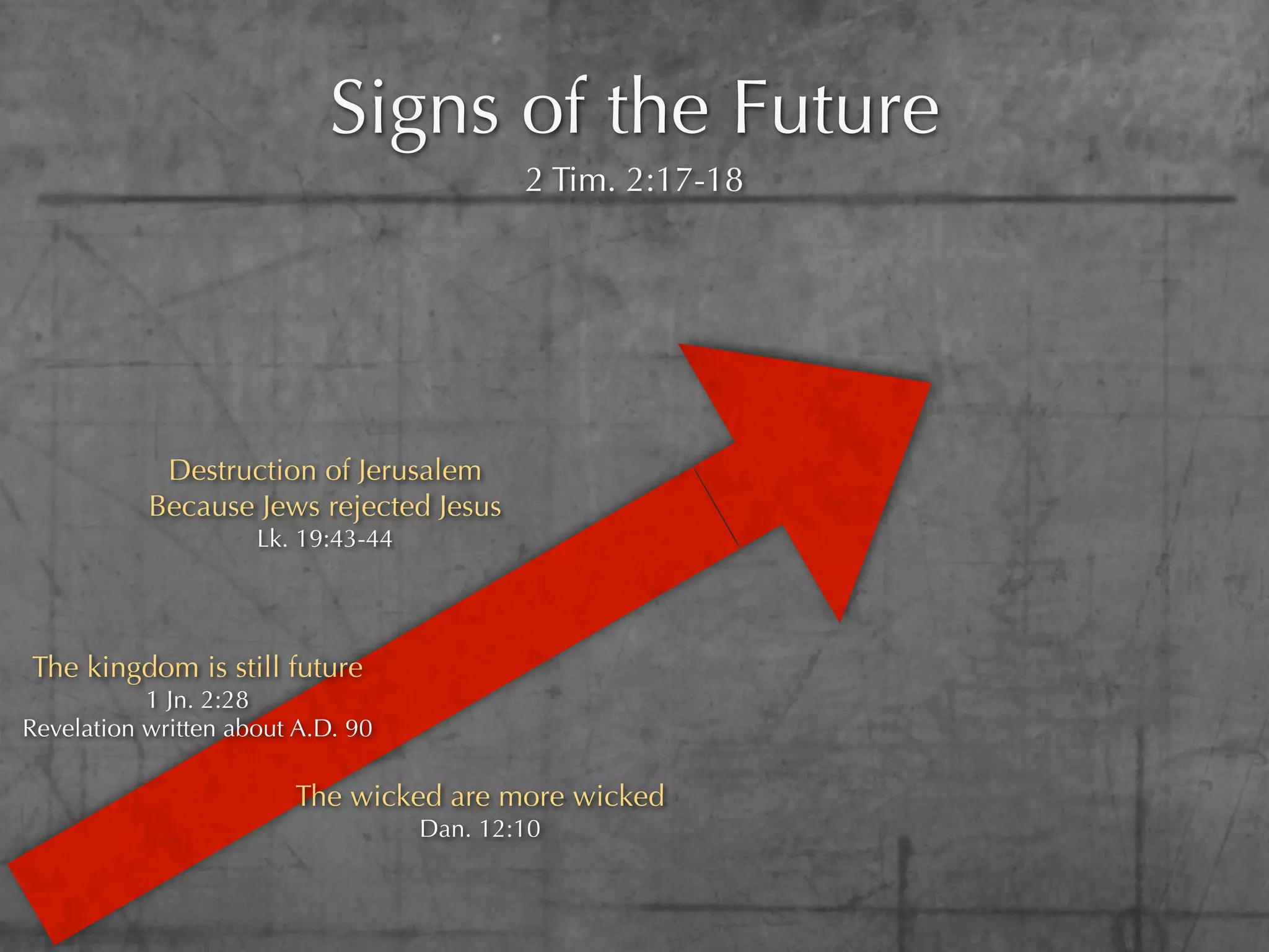 Signs of the Future
                                            2 Tim. 2:17-18




            Destruction of Jerusalem
           Because Jews rejected Jesus
                     Lk. 19:43-44




The kingdom is still future
           1 Jn. 2:28
Revelation written about A.D. 90

                        The wicked are more wicked
                                    Dan. 12:10
 