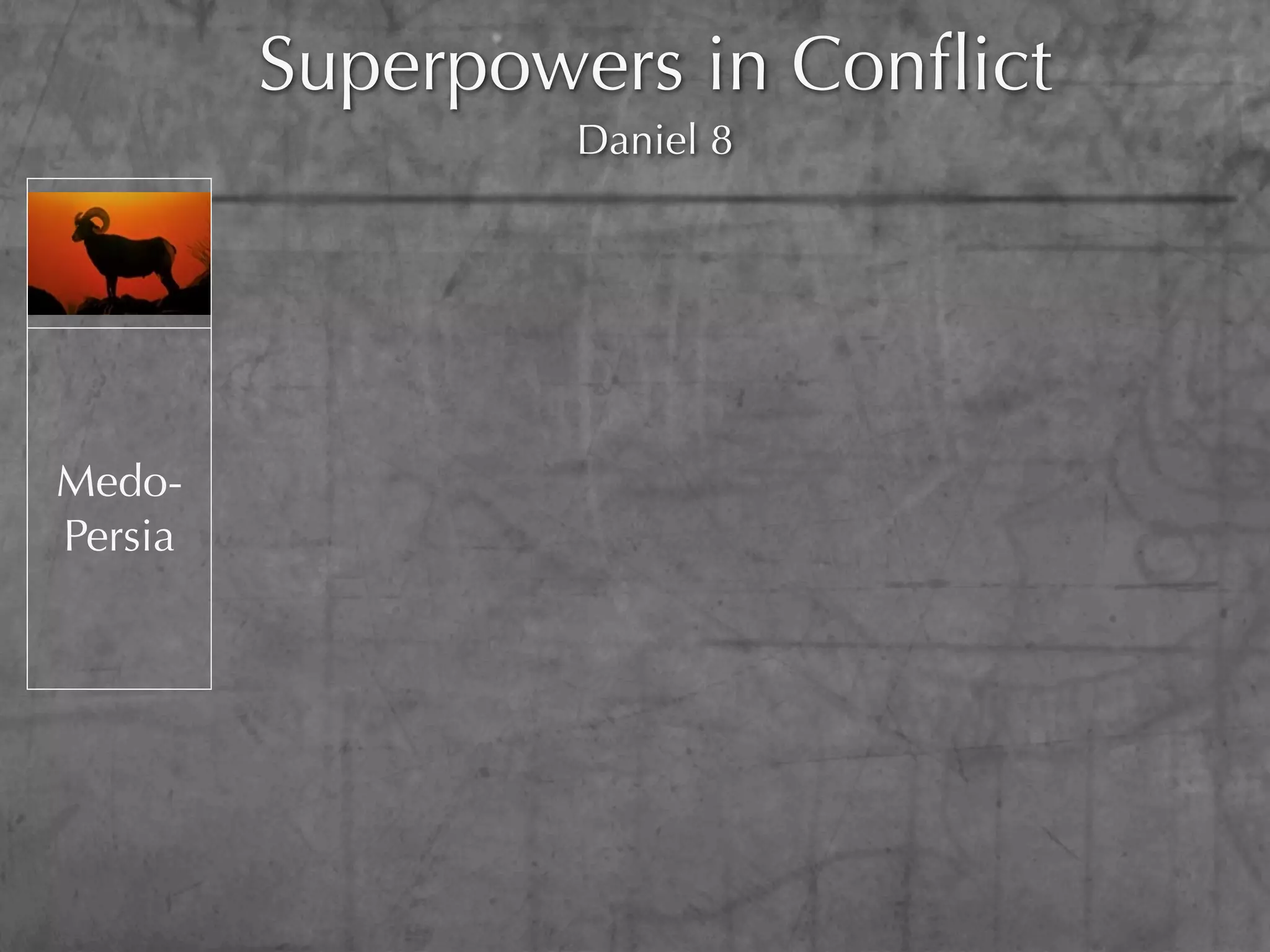 Superpowers in Conﬂict
                               Daniel 8



                  Macedonia
                   Greece

                    Syria
Medo-
         Greece
Persia             Thrace &
                  Asia Minor
                    Egypt &
                     Israel
 