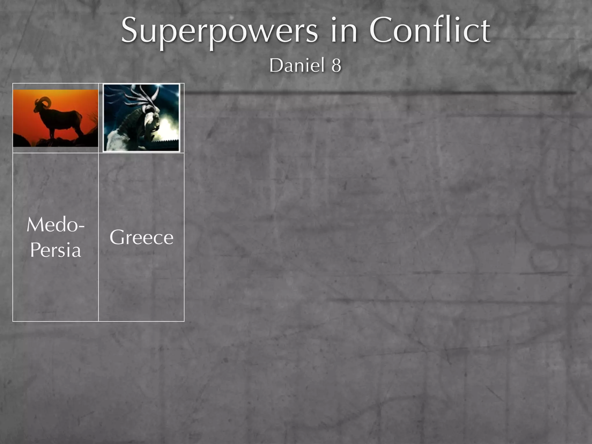 Superpowers in Conﬂict
                               Daniel 8



                  Macedonia
                   Greece

                    Syria
Medo-
         Greece
Persia             Thrace &
                  Asia Minor
                    Egypt &
                     Israel
 