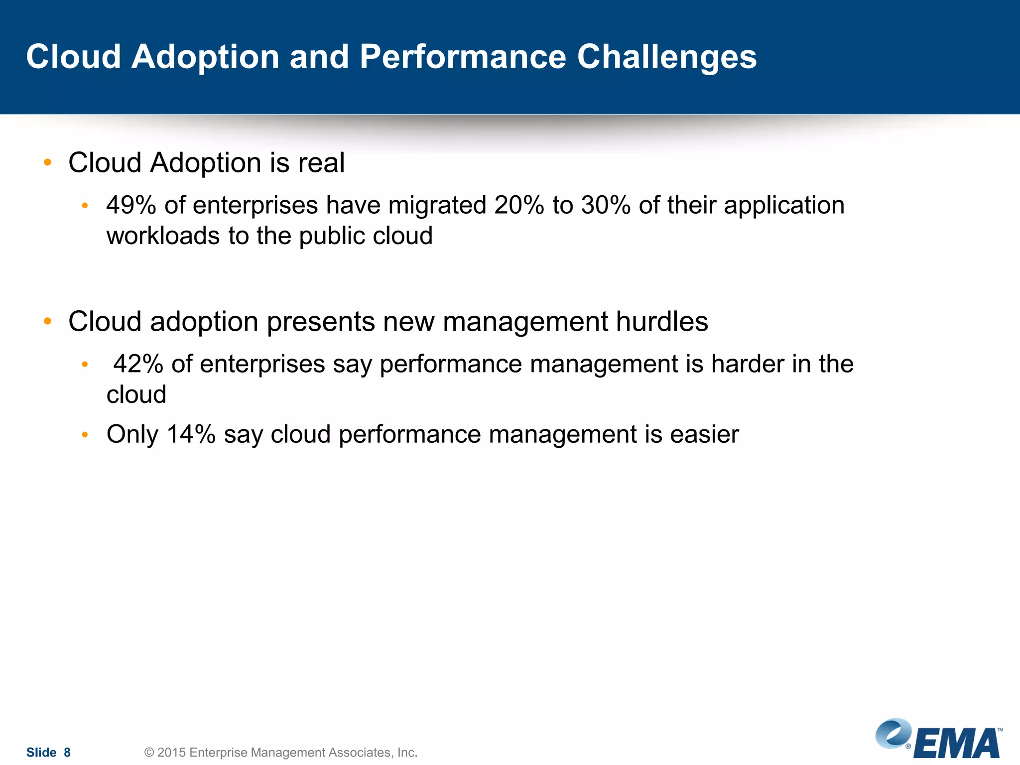 Cloud Adoption and Performance Challenges
• Cloud Adoption is real
• 49% of enterprises have migrated 20% to 30% of their application
workloads to the public cloud
• Cloud adoption presents new management hurdles
• 42% of enterprises say performance management is harder in the
cloud
• Only 14% say cloud performance management is easier
Slide 8 © 2015 Enterprise Management Associates, Inc.
 