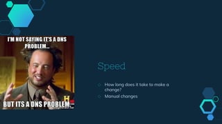 Speed
◇ How long does it take to make a
change?
◇ Manual changes
 