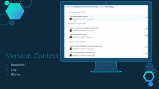 Version Control
◇ Branches
◇ Log
◇ Blame
 