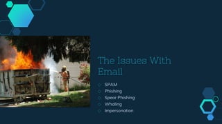 The Issues With
Email
◇ SPAM
◇ Phishing
◇ Spear Phishing
◇ Whaling
◇ Impersonation
 