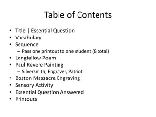 Table of Contents 
• Title | Essential Question 
• Vocabulary 
• Sequence 
– Pass one printout to one student (8 total) 
• Longfellow Poem 
• Paul Revere Painting 
– Silversmith, Engraver, Patriot 
• Boston Massacre Engraving 
• Sensory Activity 
• Essential Question Answered 
• Printouts 
 