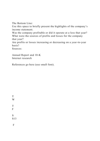 The Bottom Line:
Use this space to briefly present the highlights of the company’s
income statement.
Was the company profitable or did it operate at a loss that year?
What were the sources of profits and losses for the company
that year?
Are profits or losses increasing or decreasing on a year-to-year
basis?
Sources:
Annual Report and 10-K
Internet research
References go here (use small font).
T
W
T
F
S
S13
F
 