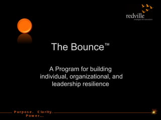 The Bounce™

                       A Program for building
                   individual, organizational, and
                        leadership resilience



P u r p o s e . C la r it y .
         P o w e r...
 