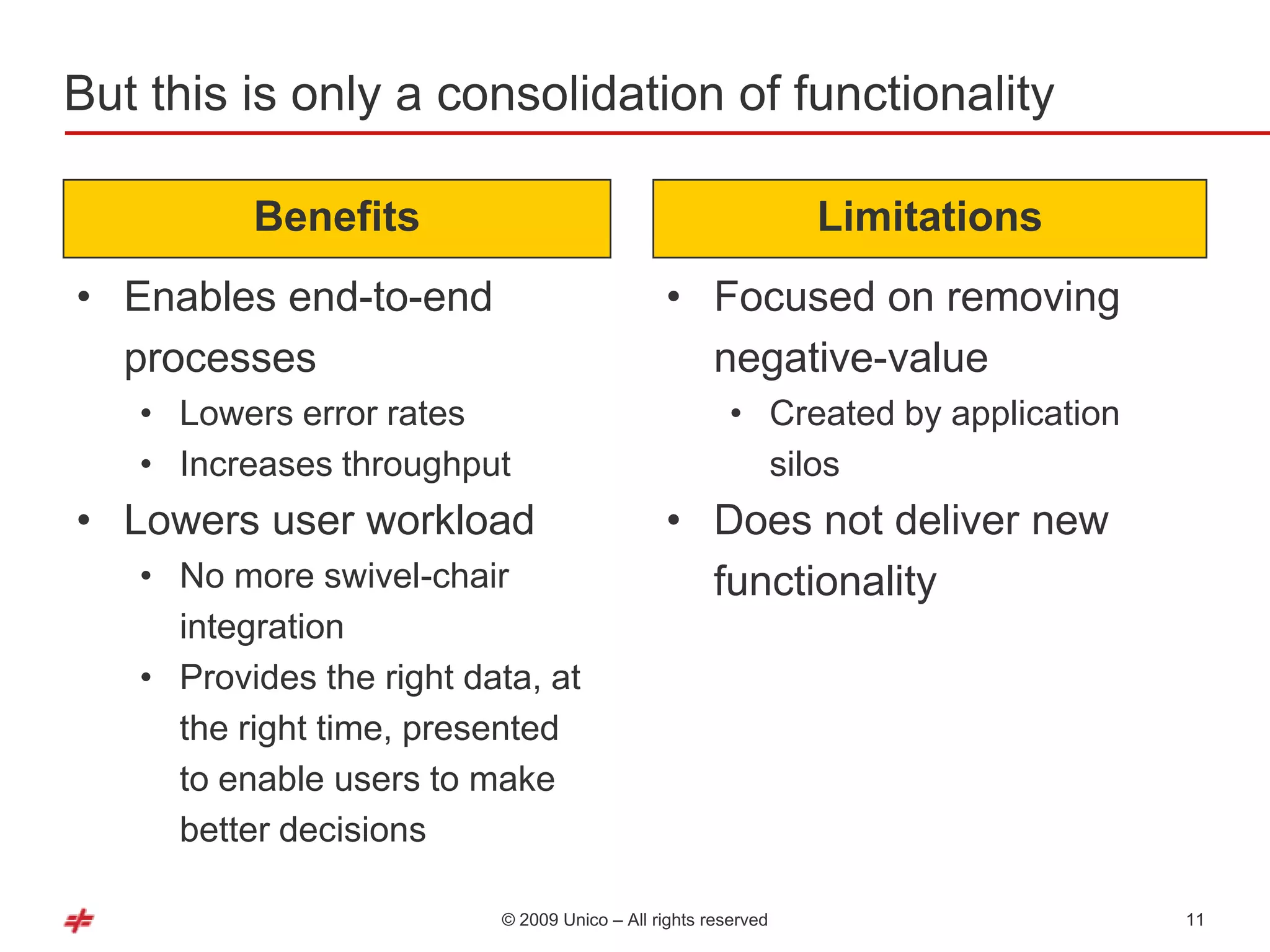 But this is only a consolidation of functionality

          Benefits                                             Limitations
• Enables end-to-end                          • Focused on removing
  processes                                     negative-value
   • Lowers error rates                                • Created by application
   • Increases throughput                                silos
• Lowers user workload                        • Does not deliver new
   • No more swivel-chair                       functionality
     integration
   • Provides the right data, at
     the right time, presented
     to enable users to make
     better decisions

                          © 2009 Unico – All rights reserved                      11
 